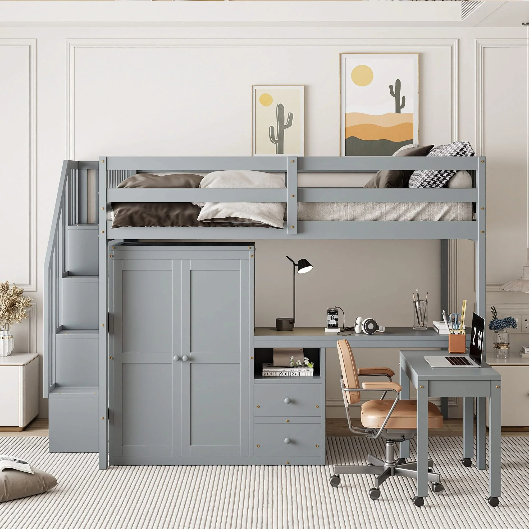Loft Bed With Stairs, Bookshelf, Drawers, Desk & Wardrobe, Space Saving Multifunctional Furniture - Image 7
