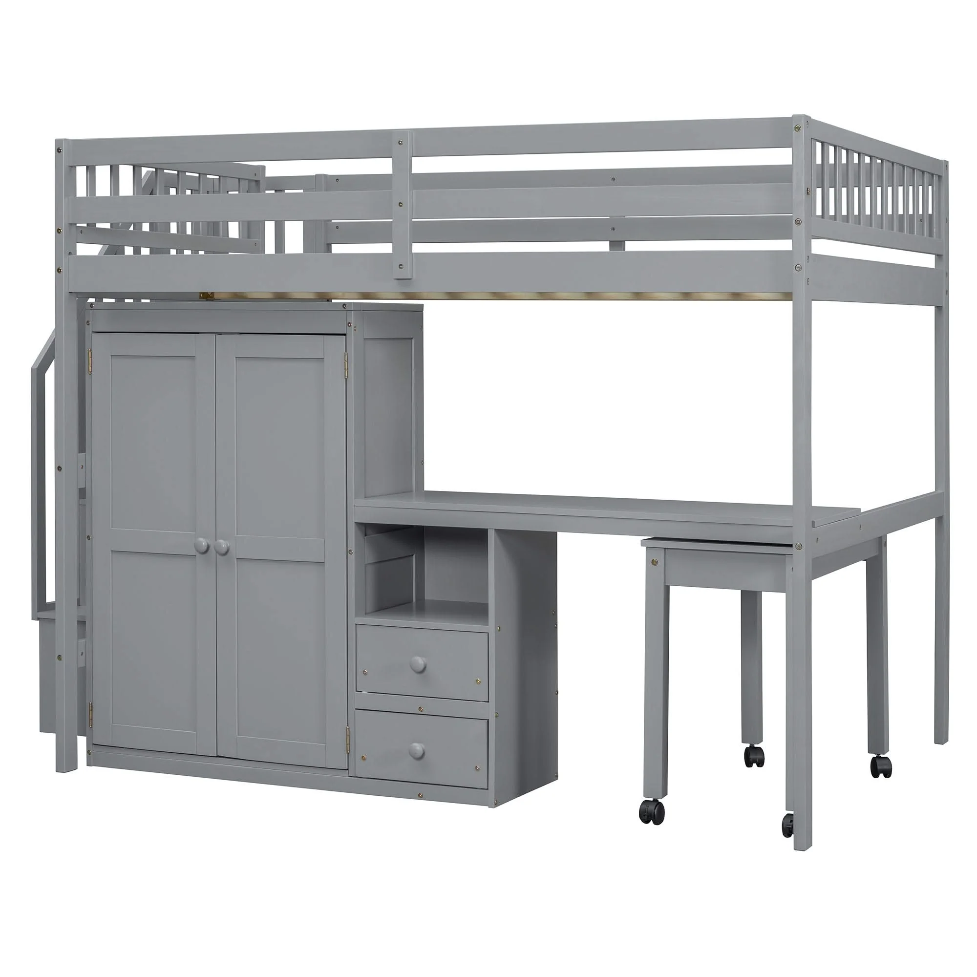 Loft Bed With Stairs, Bookshelf, Drawers, Desk & Wardrobe, Space Saving Multifunctional Furniture - Image 8