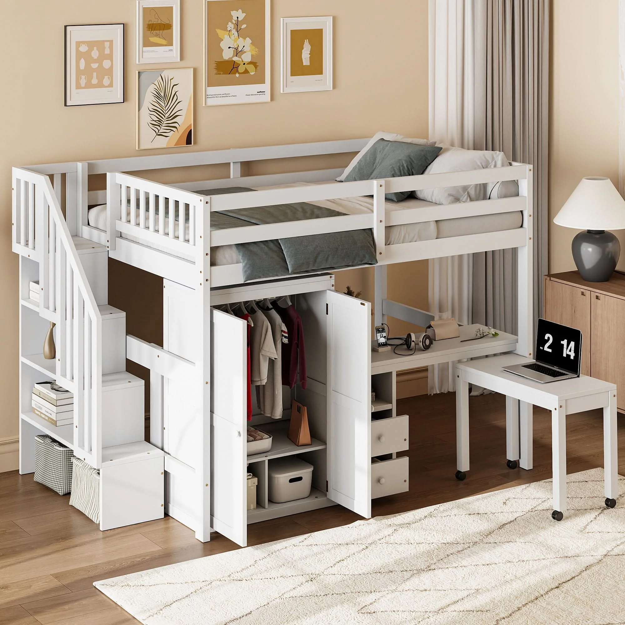 Loft Bed With Stairs, Bookshelf, Drawers, Desk & Wardrobe, Space Saving Multifunctional Furniture - Image 9