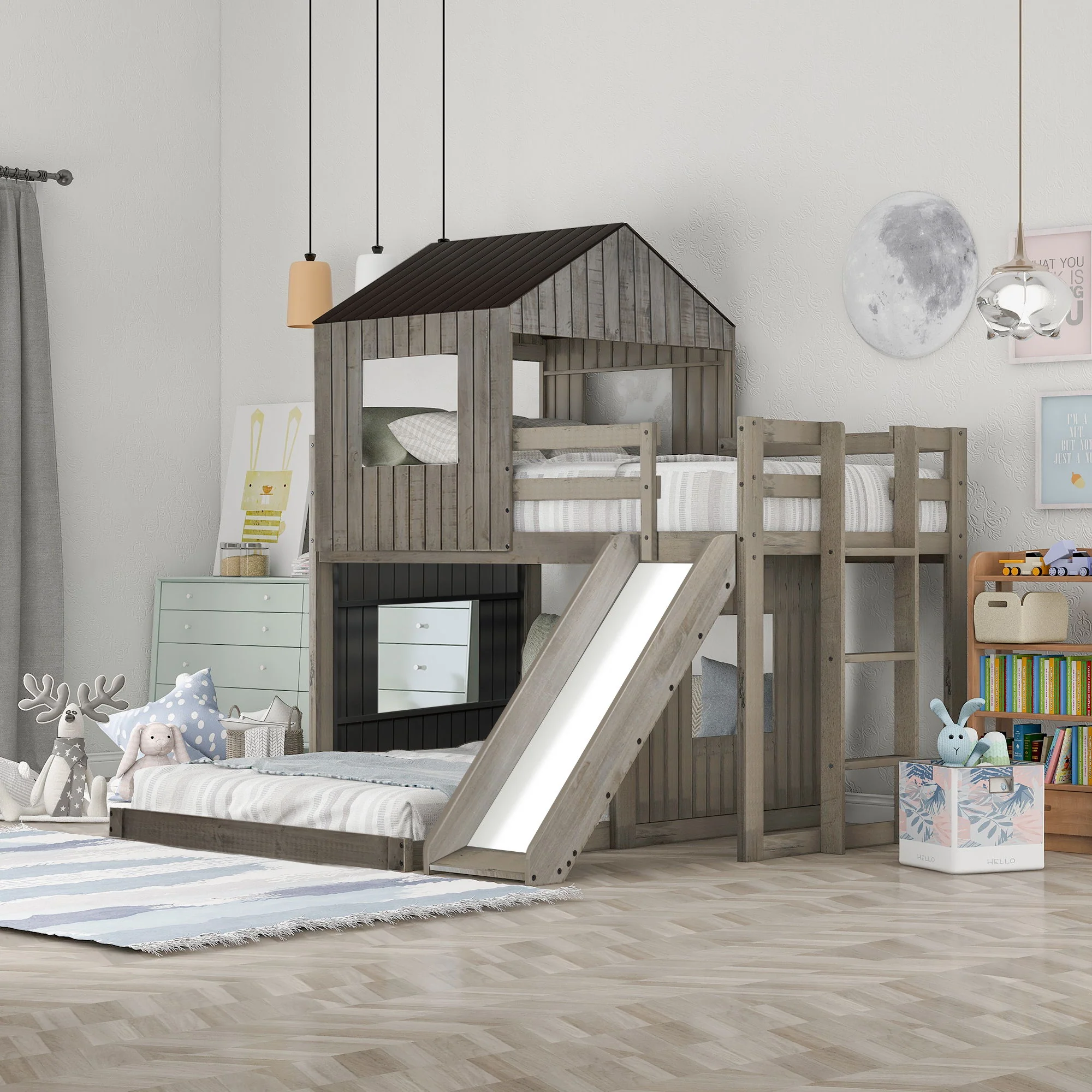 Loft Bunk Bed With Playhouse, Farmhouse, Ladder, Slide And Guardrails - Image 4
