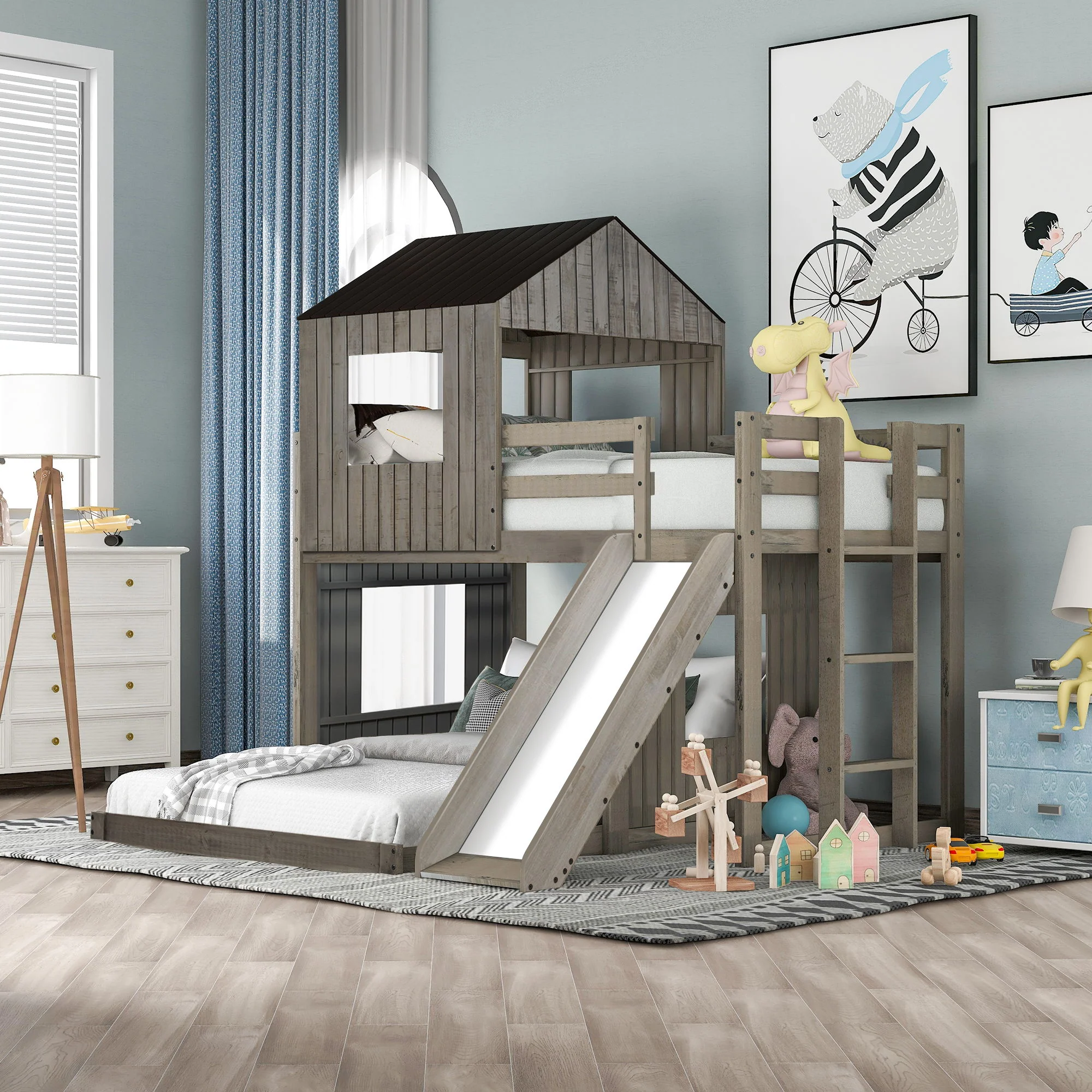 Loft Bunk Bed With Playhouse, Farmhouse, Ladder, Slide And Guardrails - Image 7