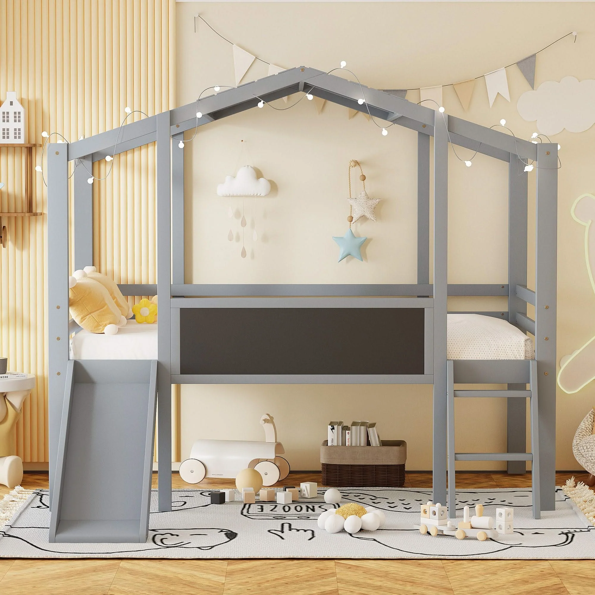 Loft House Bed With Ladder And Slide, With board And Light Strip On The Roof - Image 3