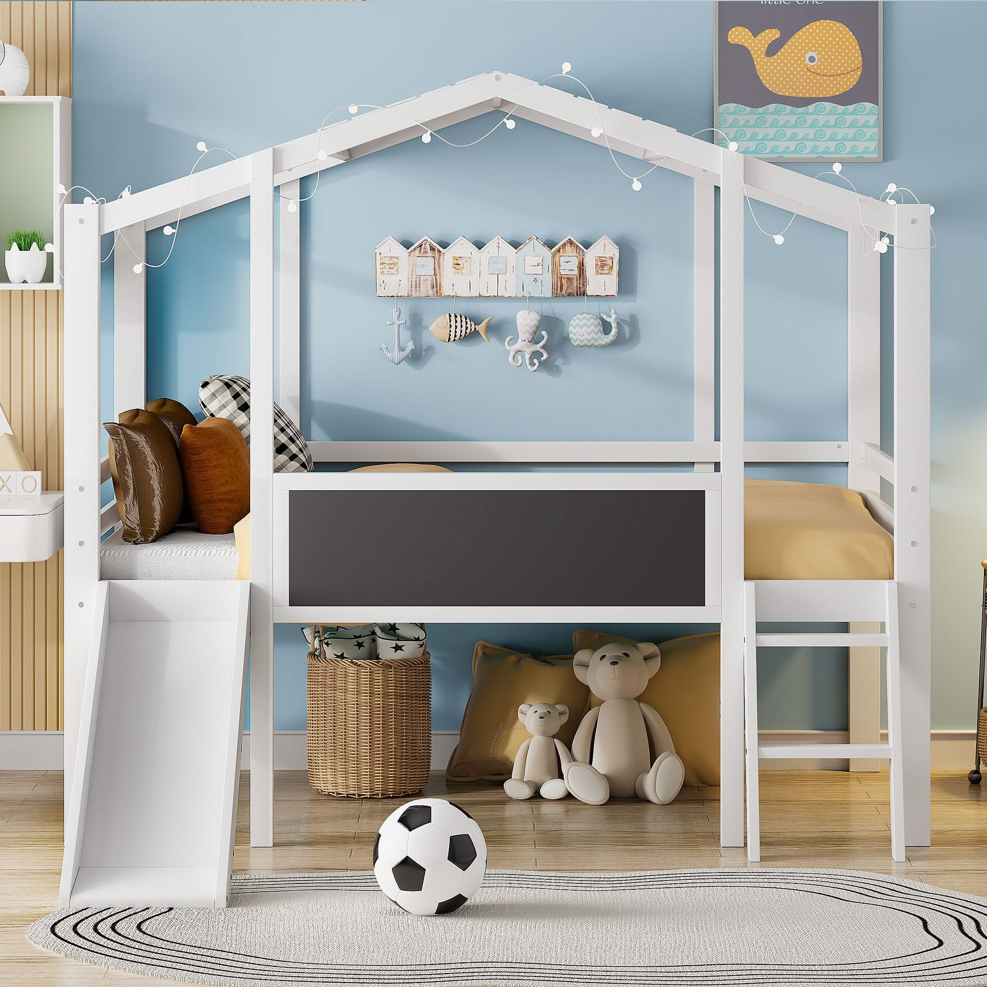 Loft House Bed With Ladder And Slide, With board And Light Strip On The Roof - Image 4