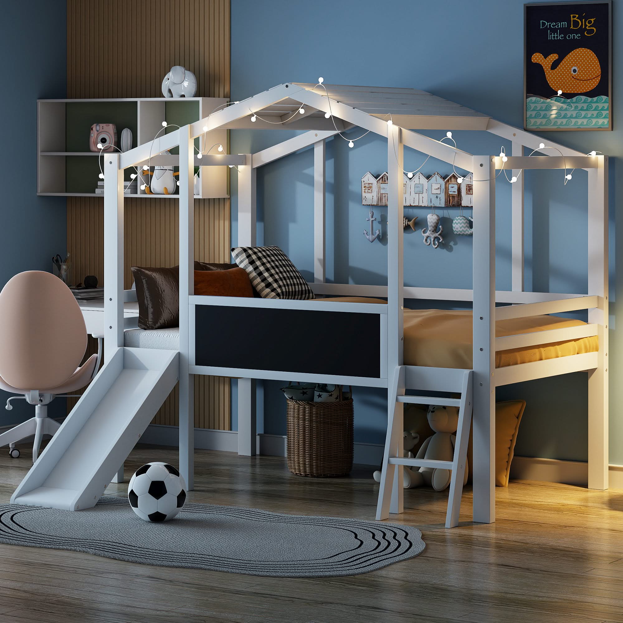 Loft House Bed With Ladder And Slide, With board And Light Strip On The Roof - Image 6