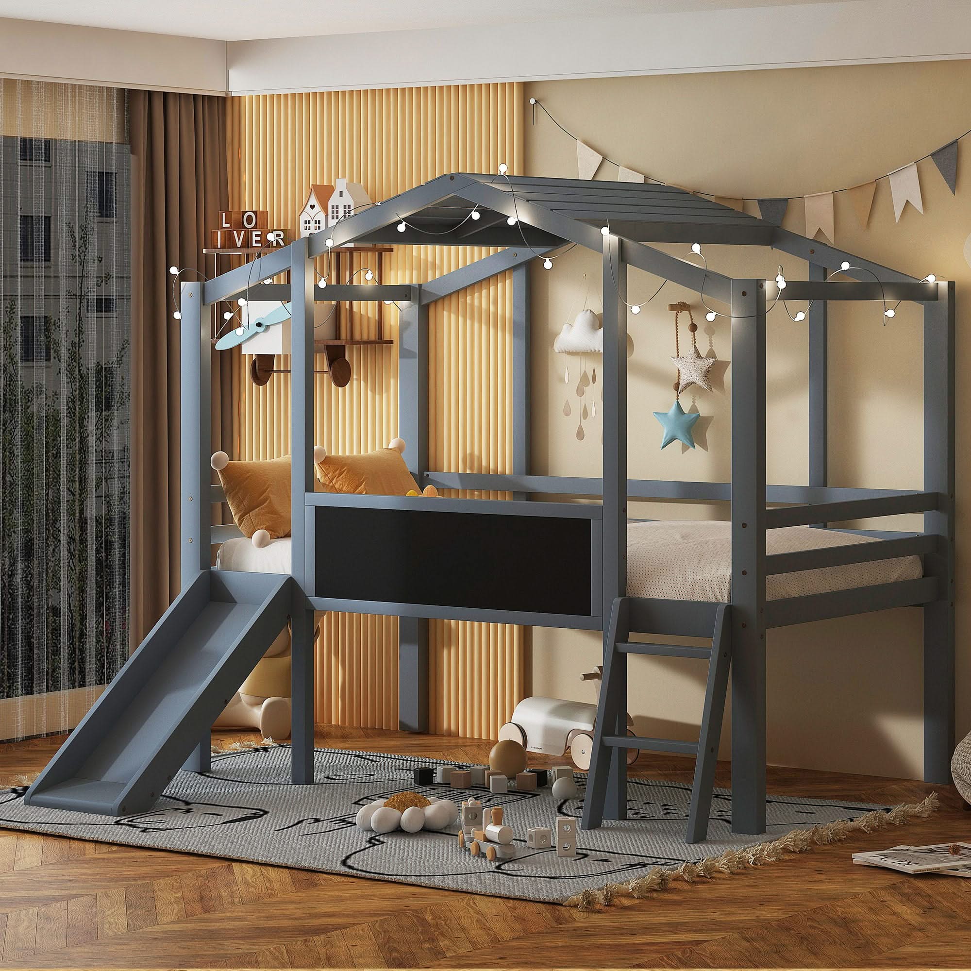 Loft House Bed With Ladder And Slide, With board And Light Strip On The Roof - Image 7