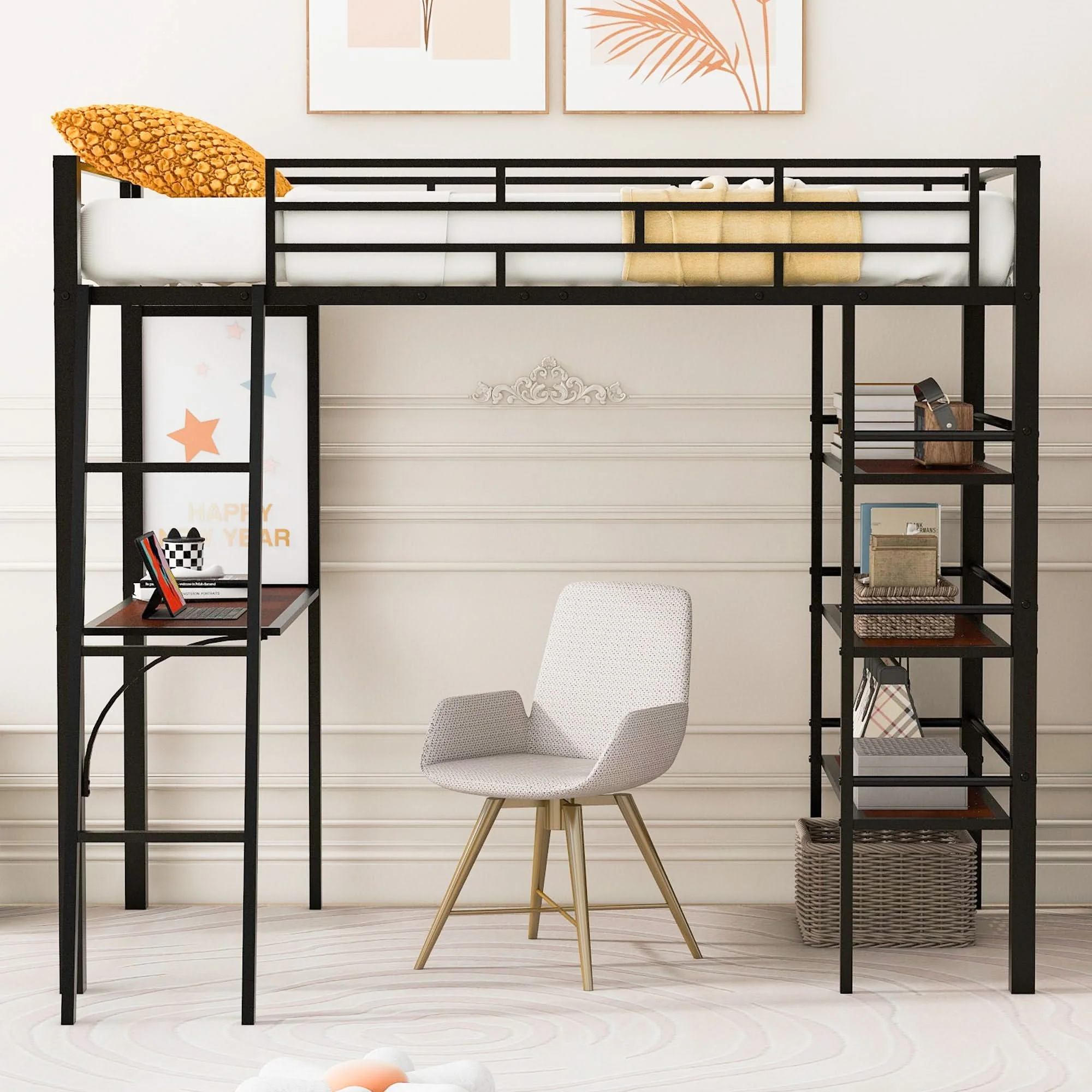 Loft Metal Bed With 3 Layers Of Shelves And Desk, Stylish Metal Frame Bed With board - Image 2