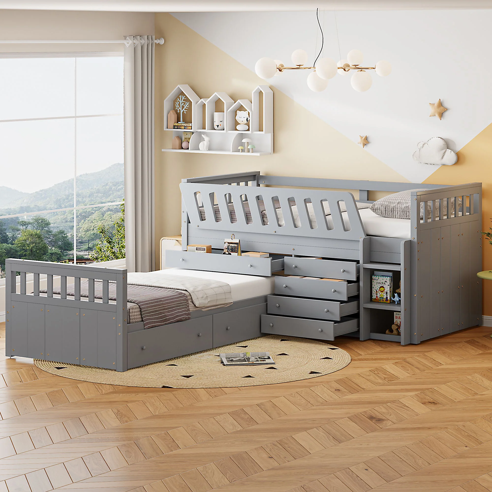 Loft Platform Bed With 7 Drawers And Full Guardrails, Modern L Shaped Space Savin - Image 4