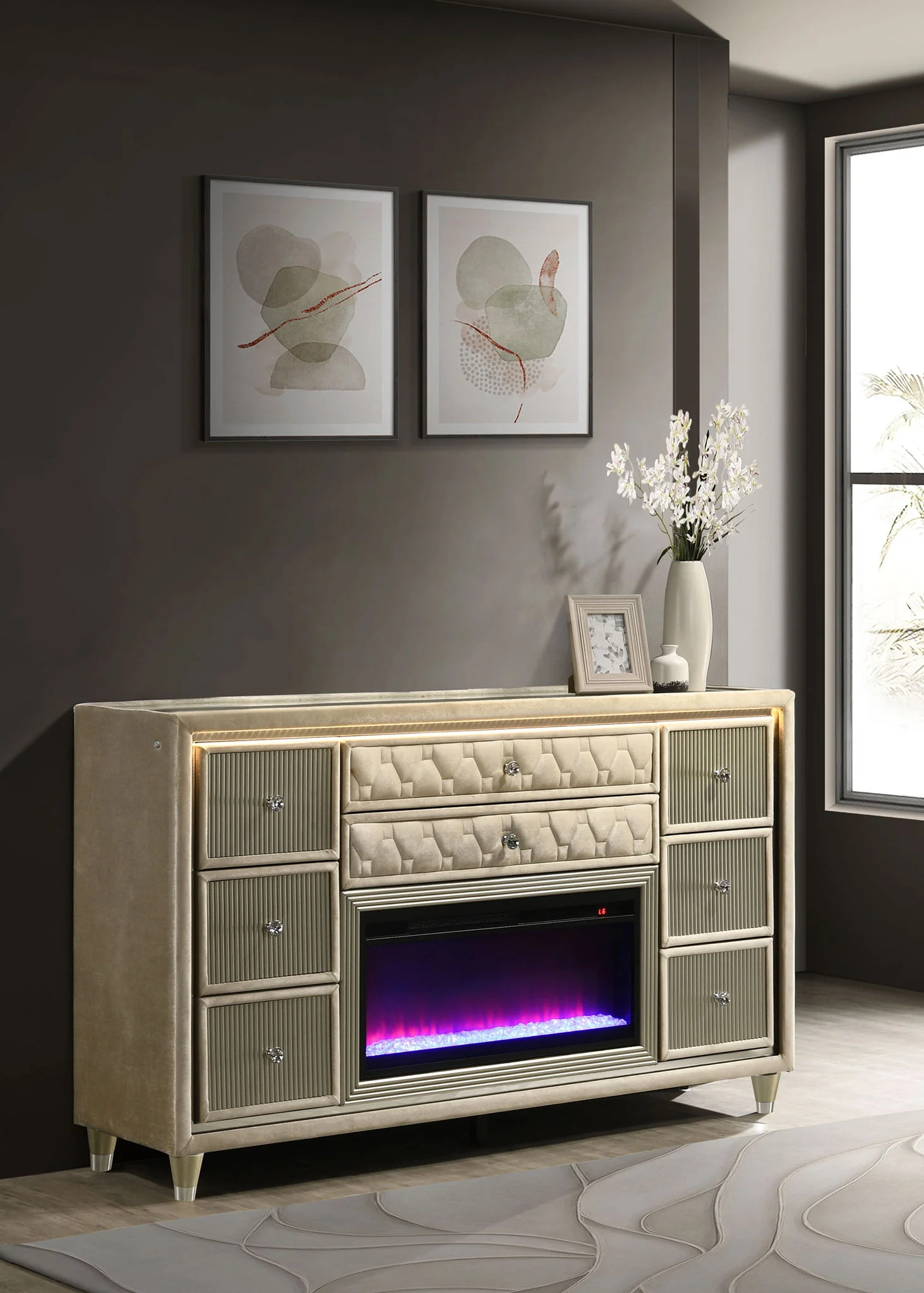 Lorient 8-drawer LED Bedroom Flame Box Dresser Ivory Camel - Image 2