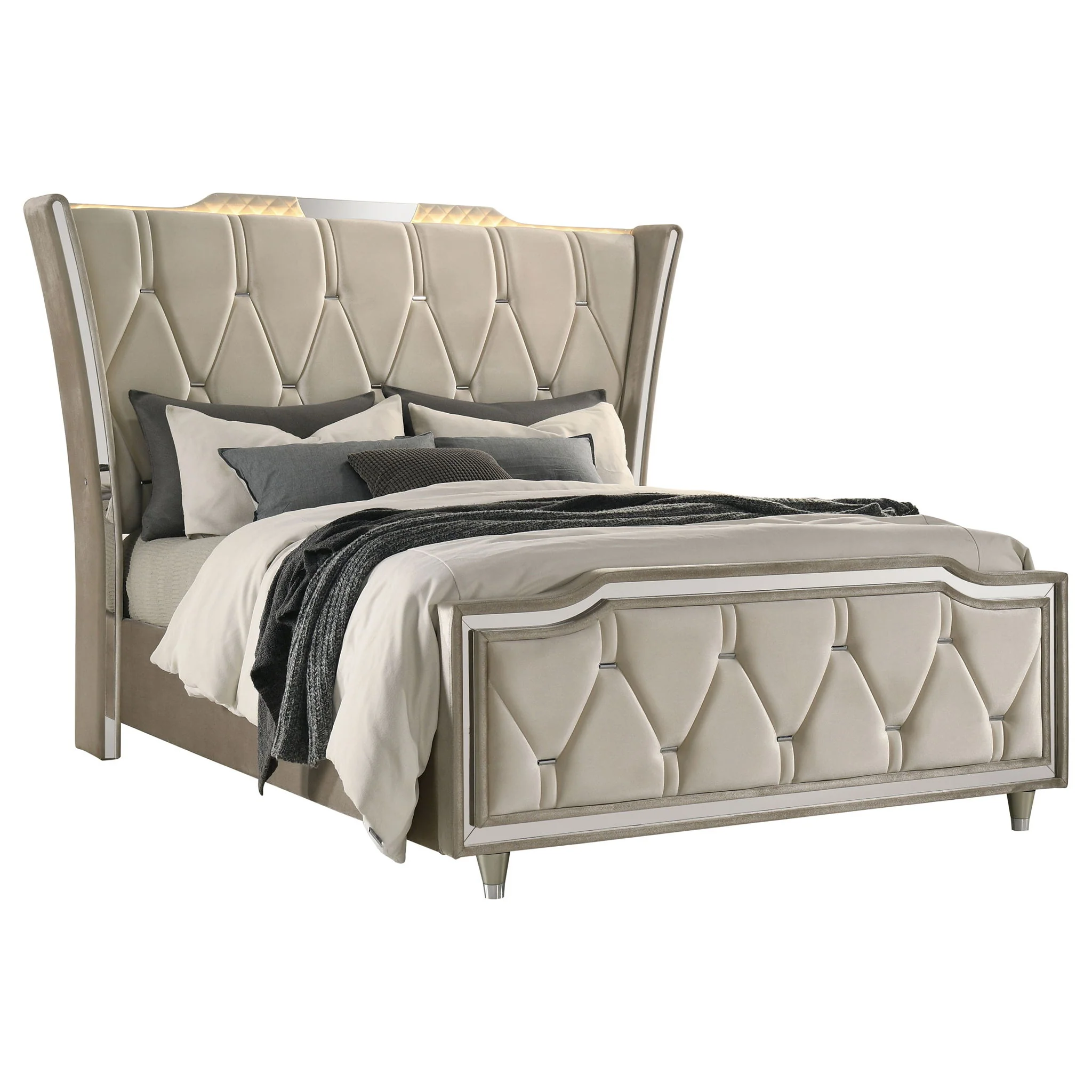 Lorient Queen LED Upholstered Wingback Bed Ivory and Camel - Image 2