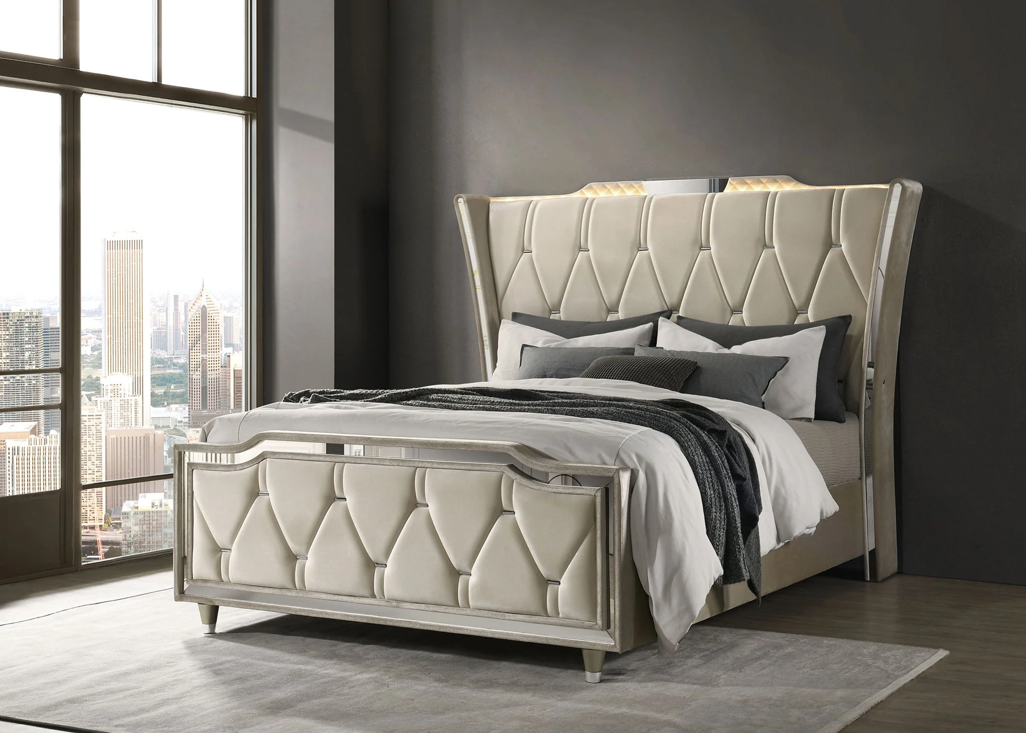 Lorient Queen LED Upholstered Wingback Bed Ivory and Camel - Image 3