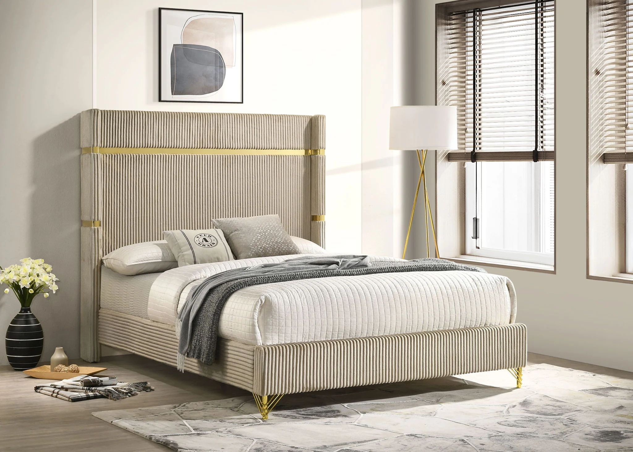 Lucia 61-inch Upholstered Queen Wingback Bed Beige - Image 3