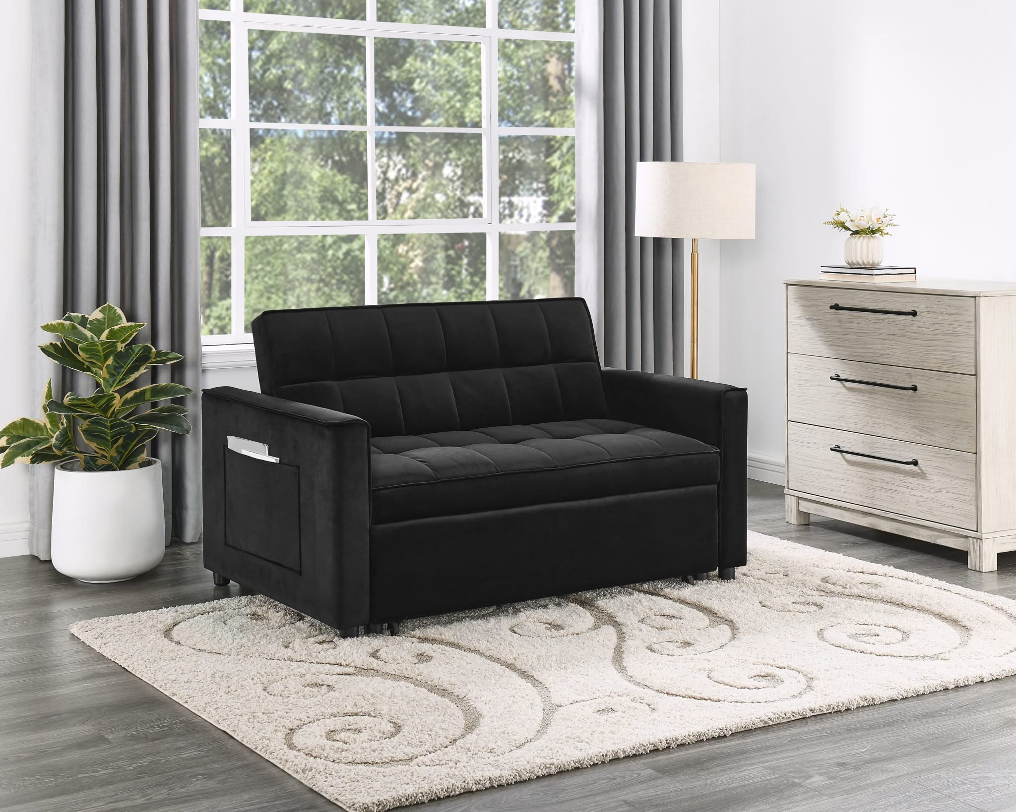 Maeve - Convertible Sleeper Loveseat With Tufting and Side Pocket - Black - Image 3