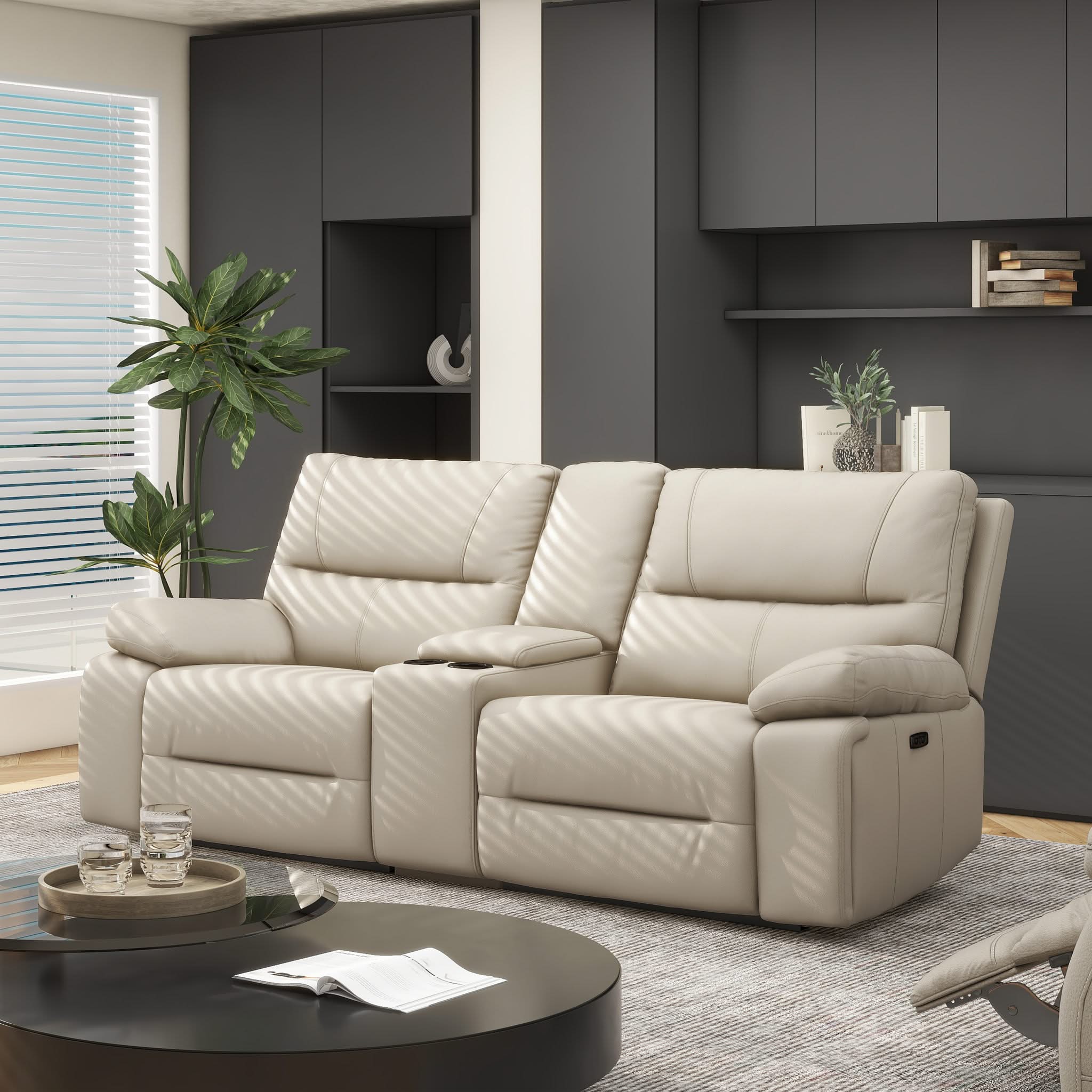 Malibu - Modern Power Motion 3 Piece Reclining Loveseat Sofa With Cup Holders - Cream Taupe Beige - Image 3