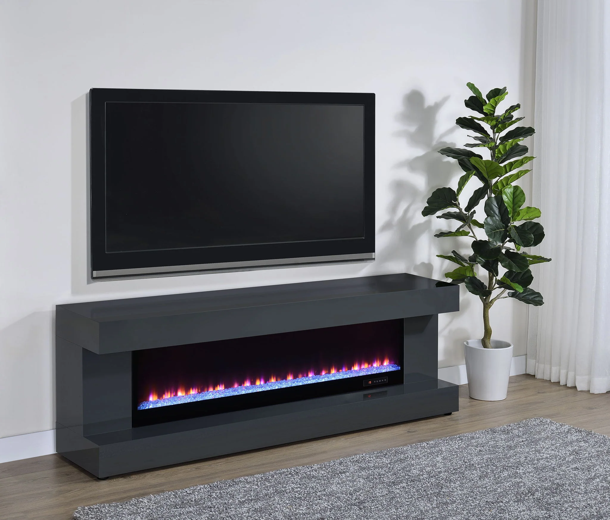 Mallory TV Stand Fireplace Console Bluetooth Speaker Grey High Gloss - Image 4
