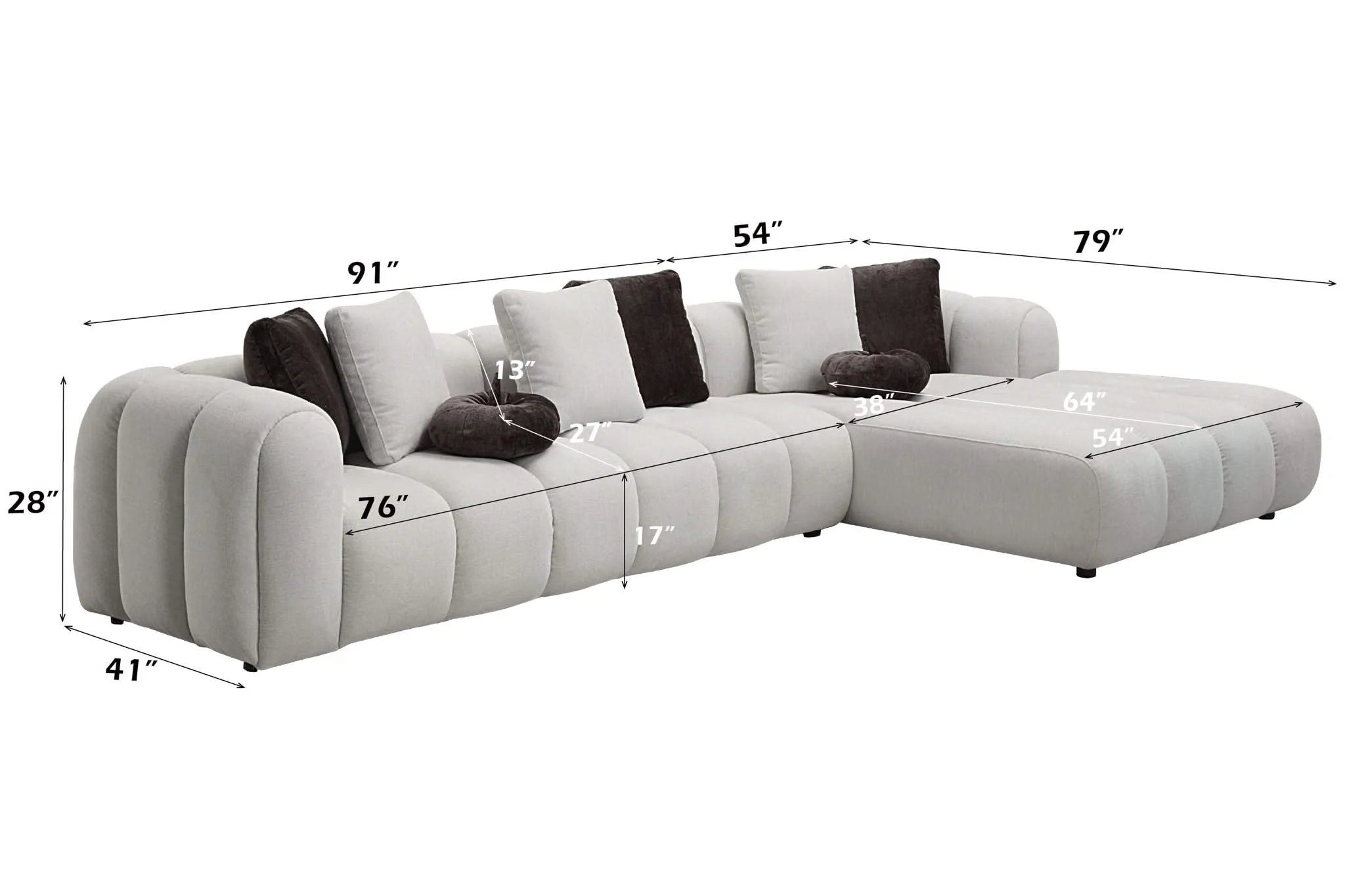 Manilla - Sectional Sofa With 8 Pillows - Ivory White - Image 4