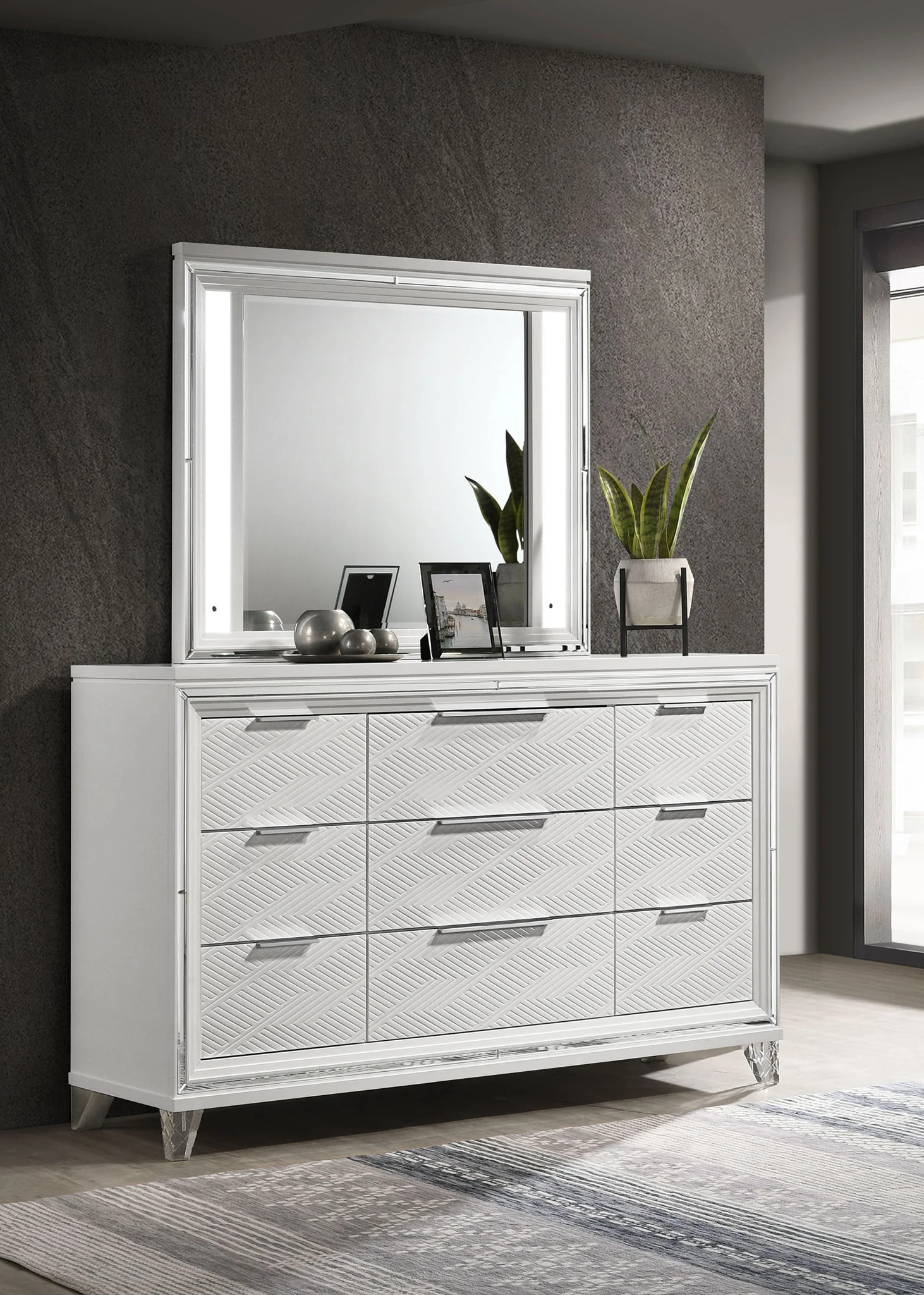 Marmore 9-drawer Dresser and LED Mirror White - Image 2