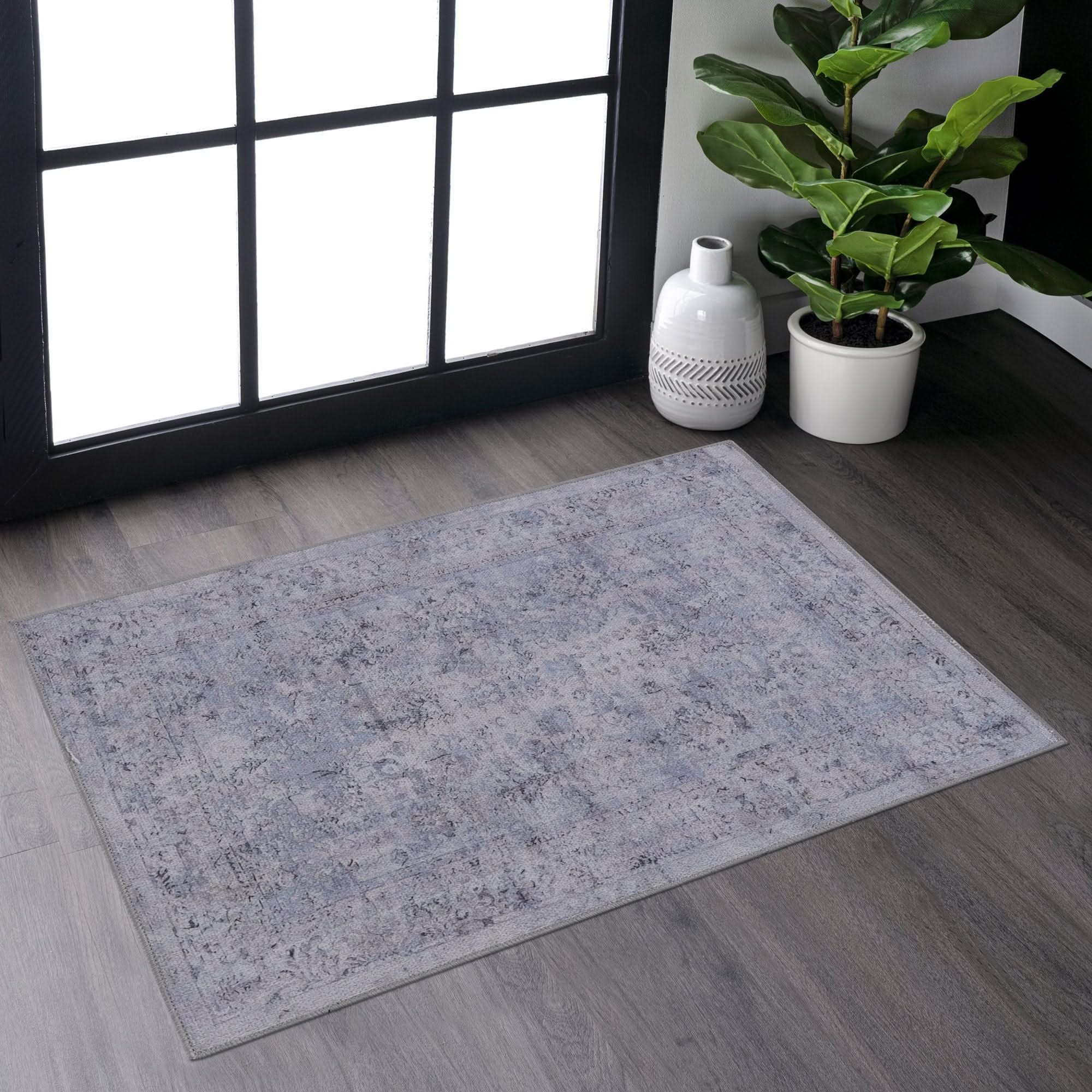 Maval - 2' X 3' Washable Area Rug - Blue / Cream - Image 3
