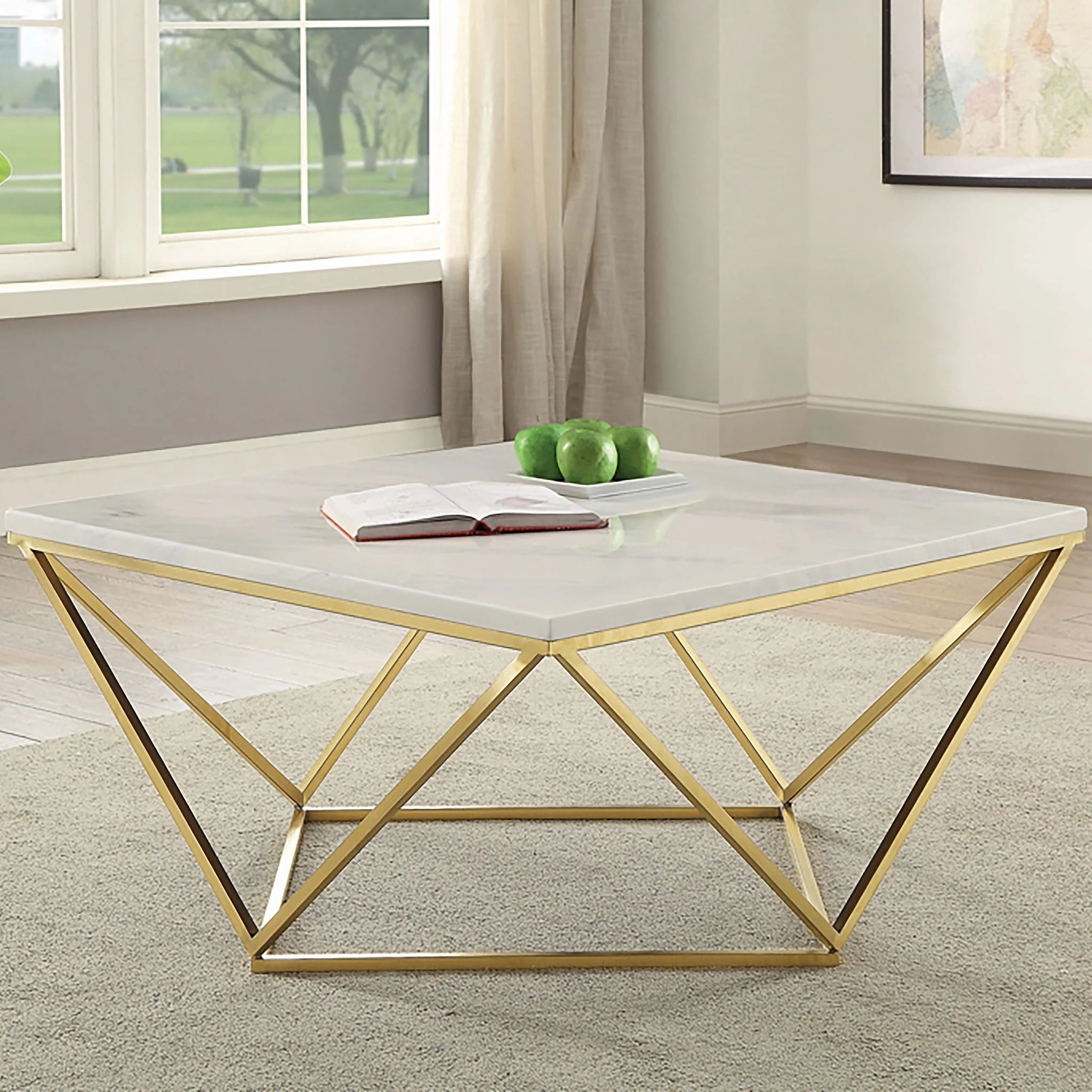 Meryl Square Faux Marble Top Coffee Table White and Gold - Image 2
