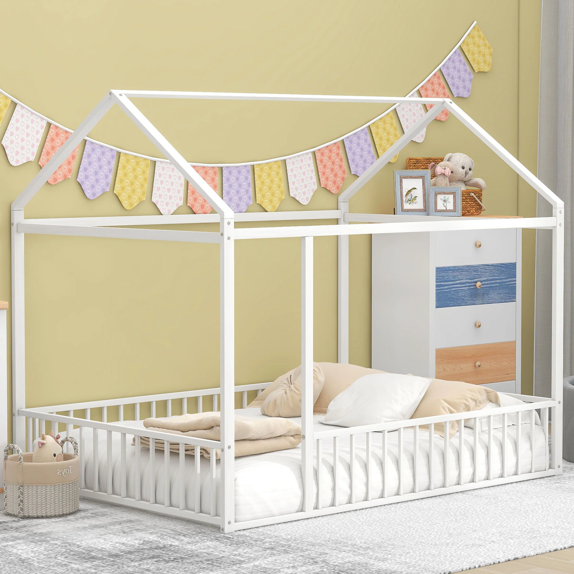 Metal Bed House Bed Frame With Fence - Image 2
