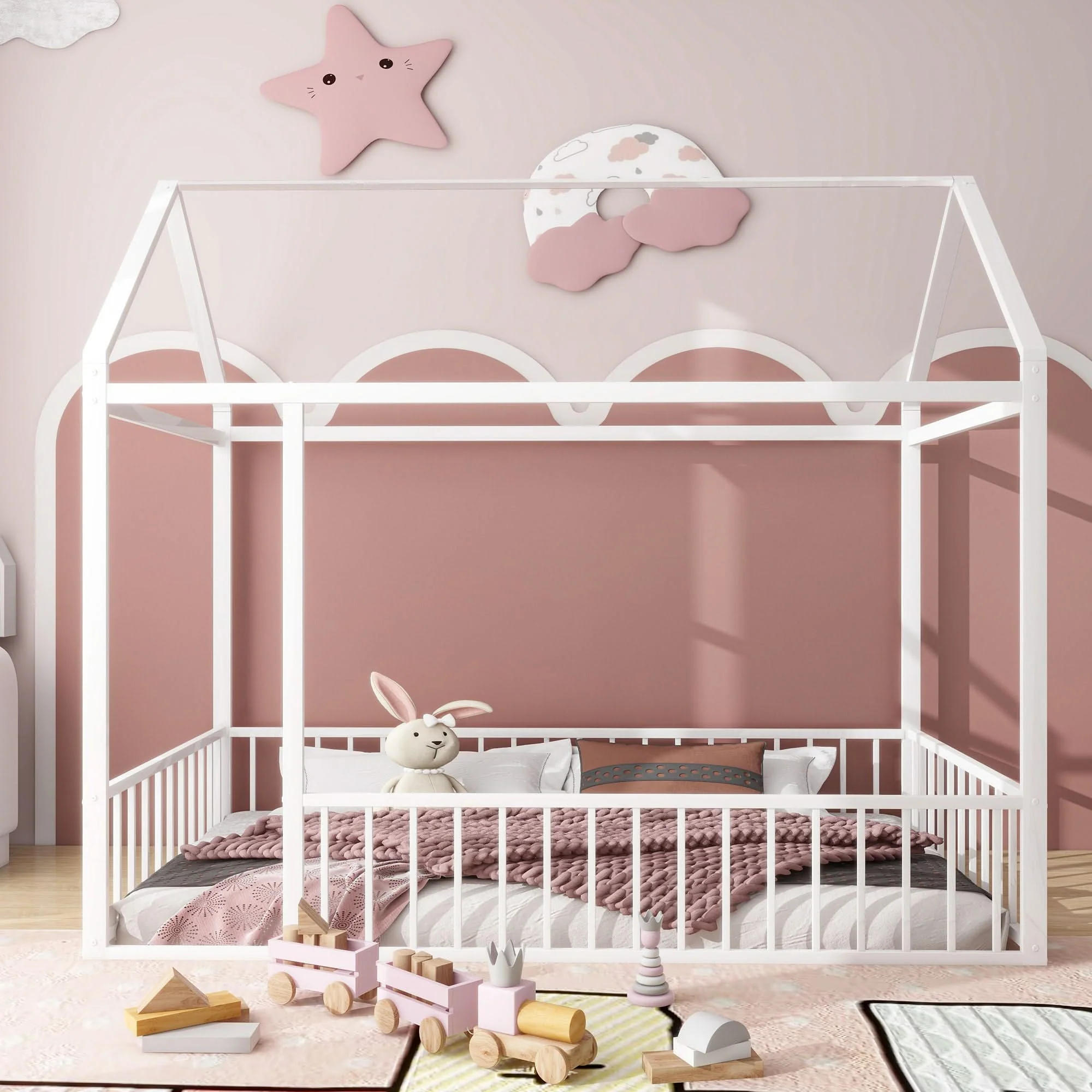 Metal Bed House Bed Frame With Fence - Image 4