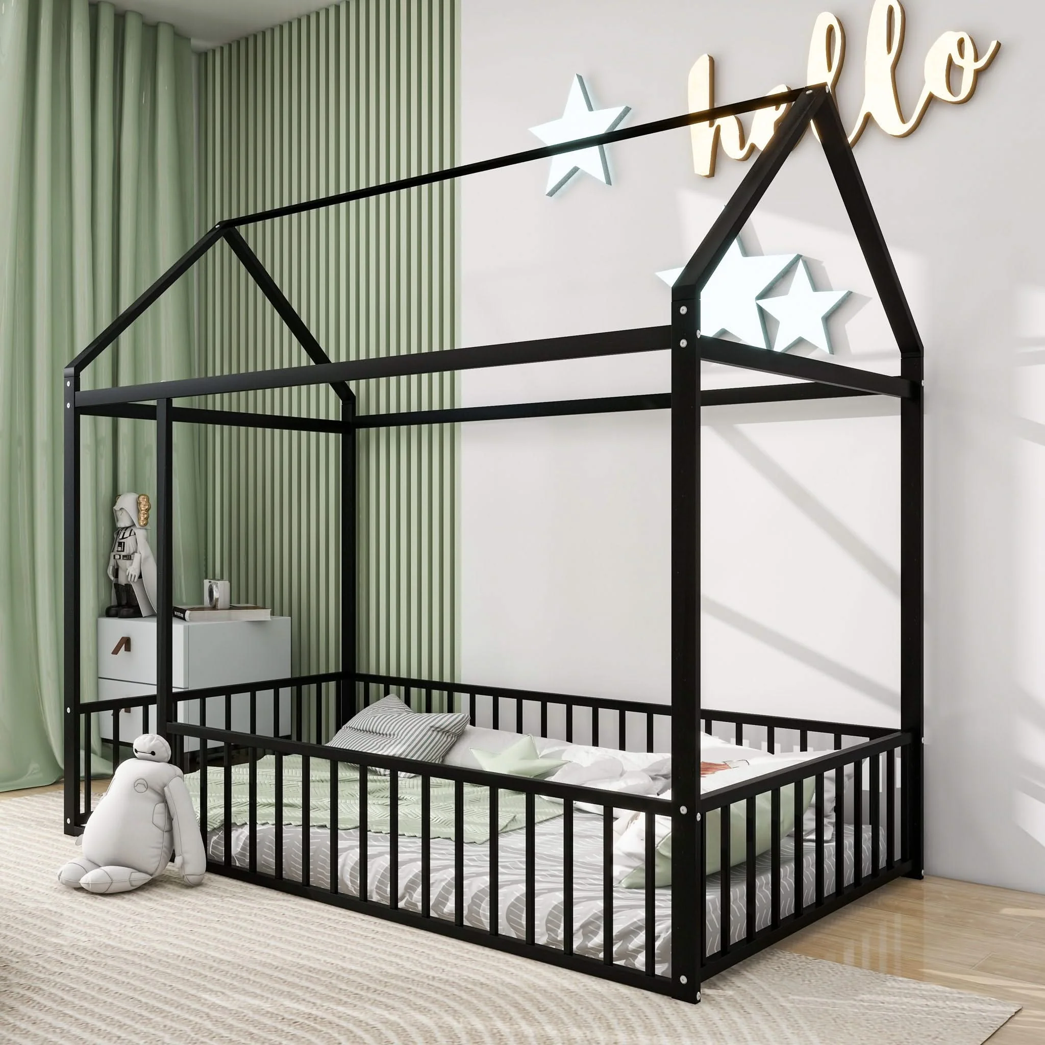 Metal Bed House Bed Frame With Fence - Image 9