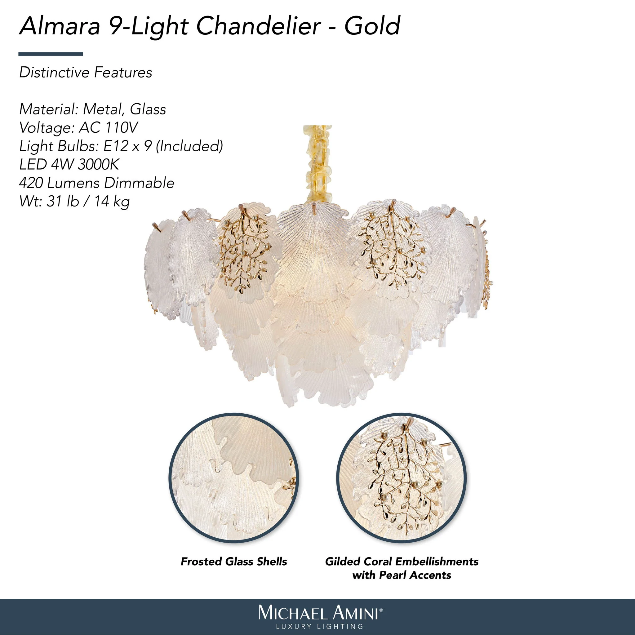 Michael Amini Lighting - Almara 9-Light Frosted Glass Chandelier - Frost / Gold - Image 3