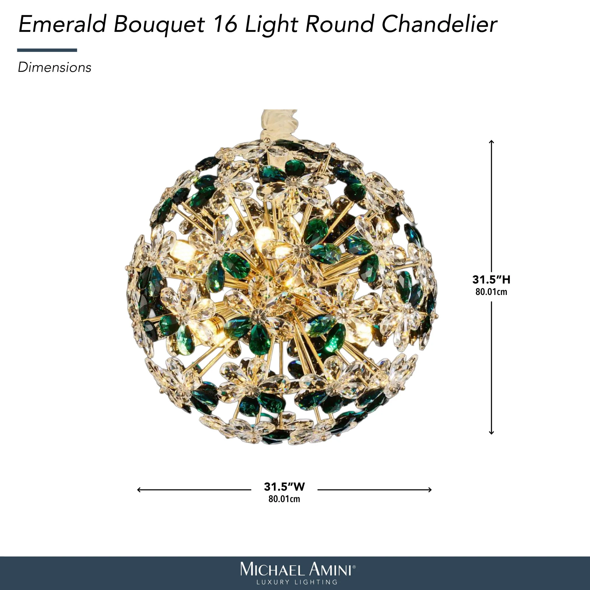 Michael Amini Lighting - Emerald Bouquet 16-Light Round Crystal Chandelier - Gold - Image 3