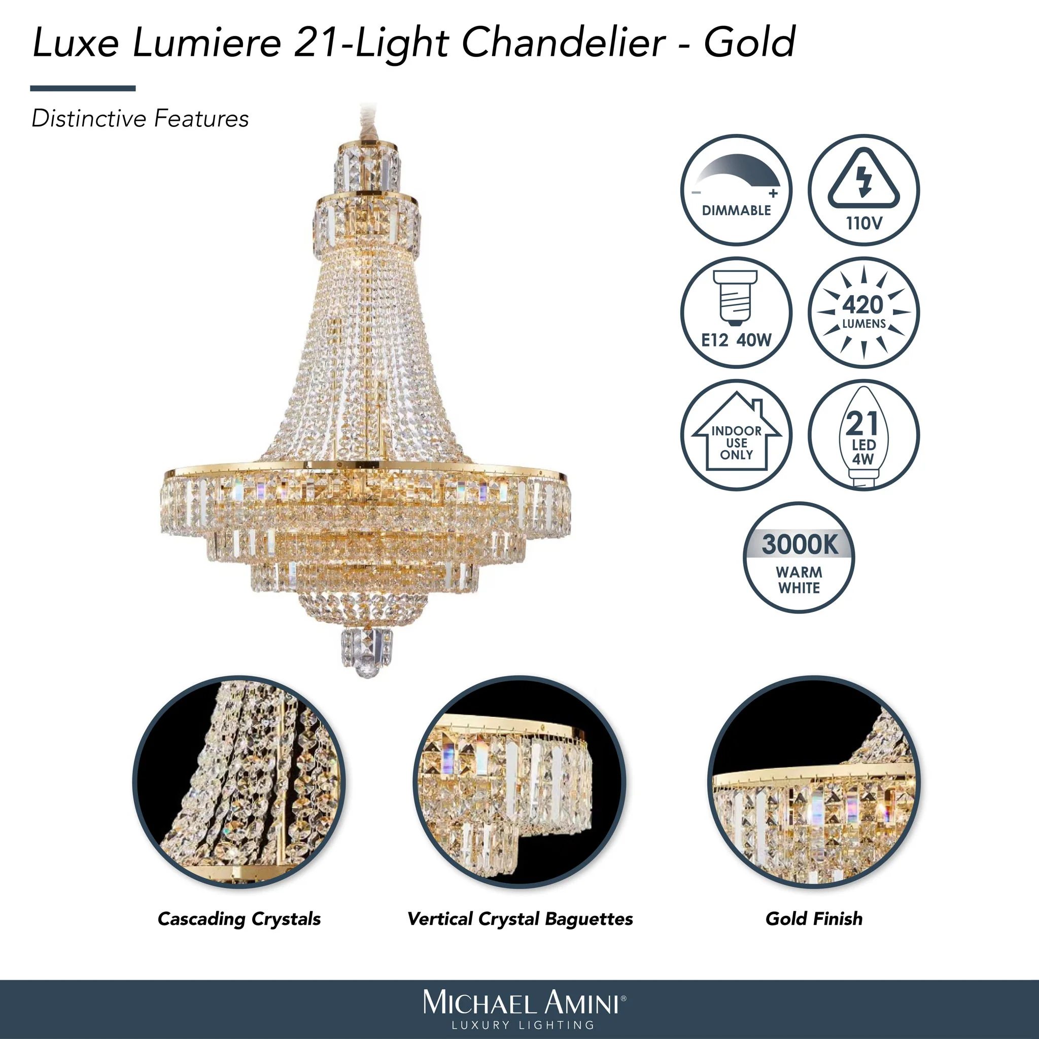 Michael Amini Lighting - Luxe Lumiere 21-Light Crystal Chandelier - Gold - Image 4