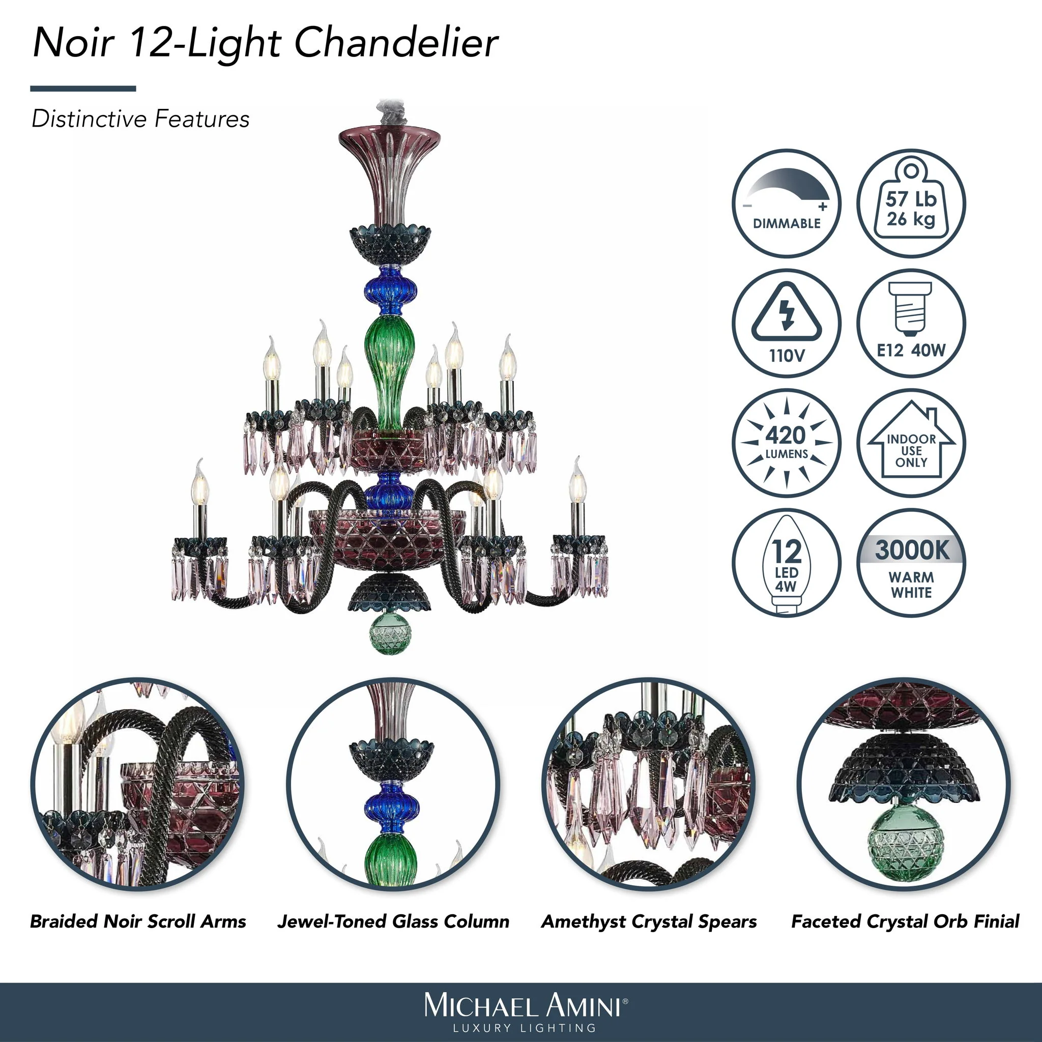 Michael Amini Lighting - Noir 12-Light Traditional Crystal Chandelier - Black - Image 4