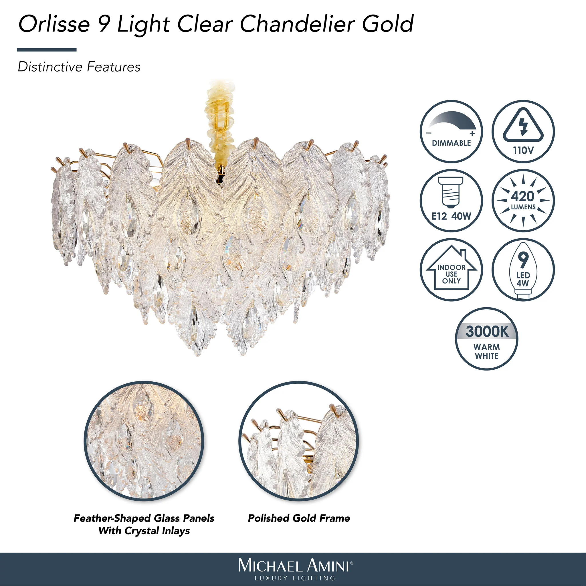 Michael Amini Lighting - Orlisse 9-Light Acrylic Chandelier - Gold - Image 4
