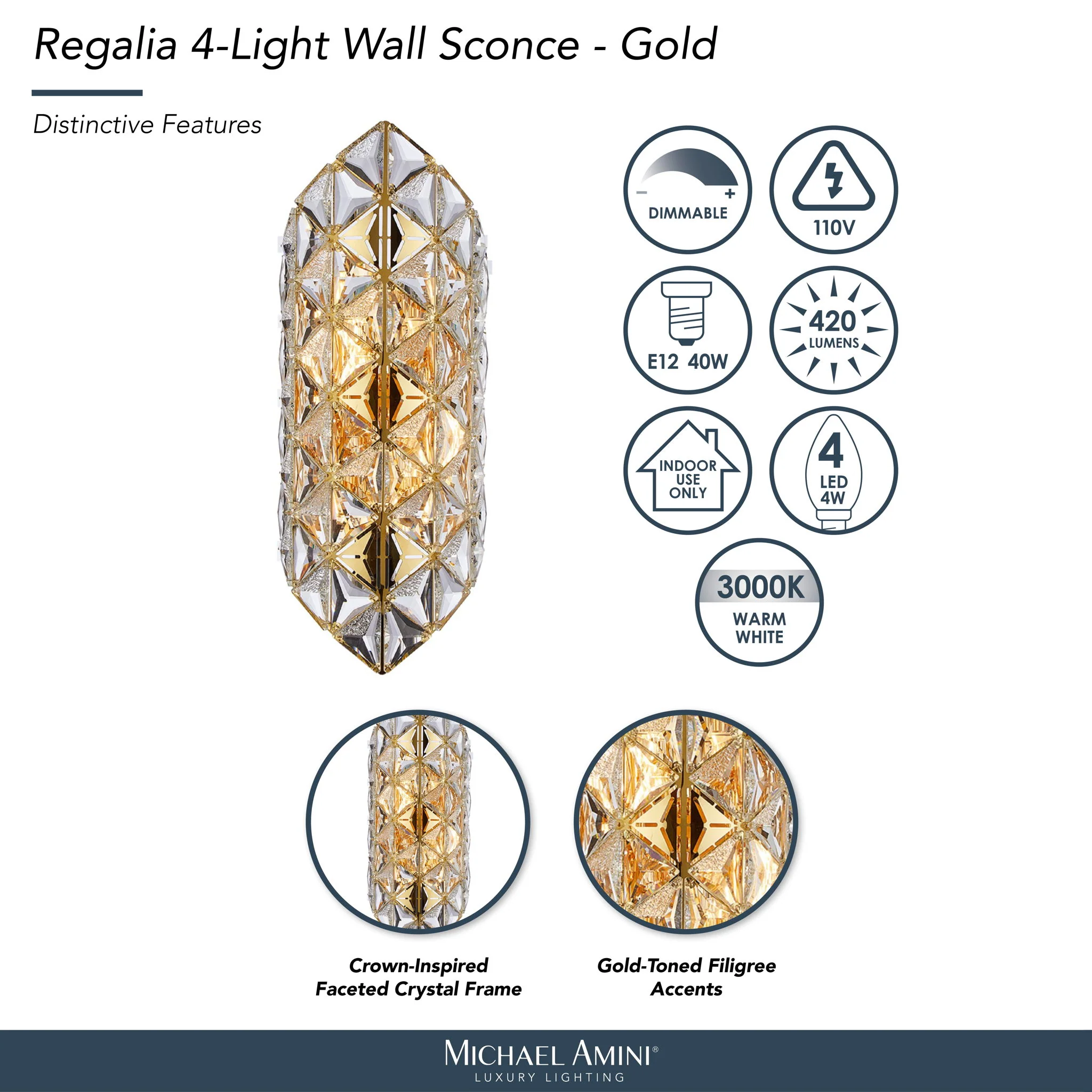 Michael Amini Lighting - Regalia 4-Light Crystal Wall Sconce - Gold - Image 2