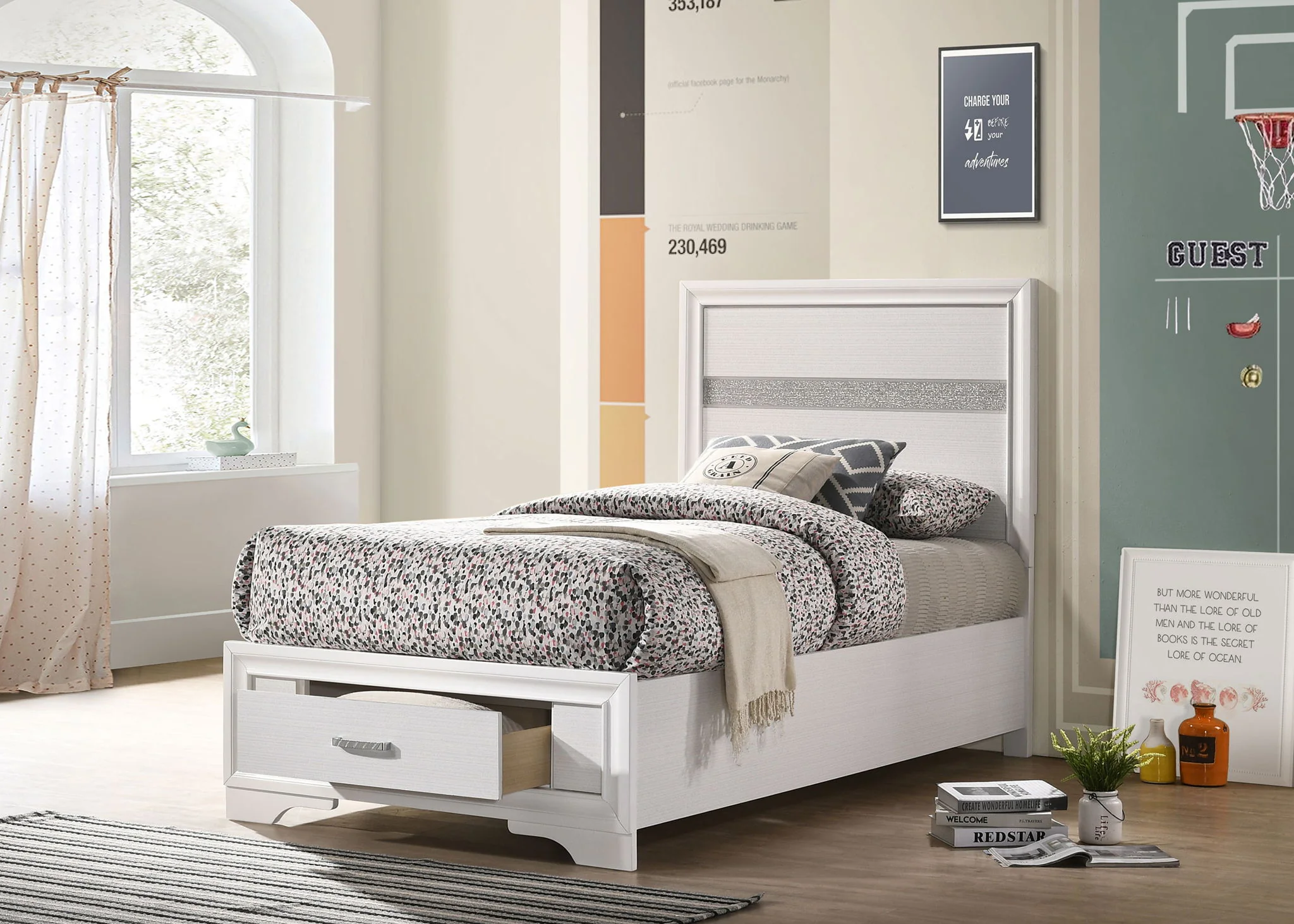 Miranda 51-inch Wood Twin Storage Panel Bed White - Image 3
