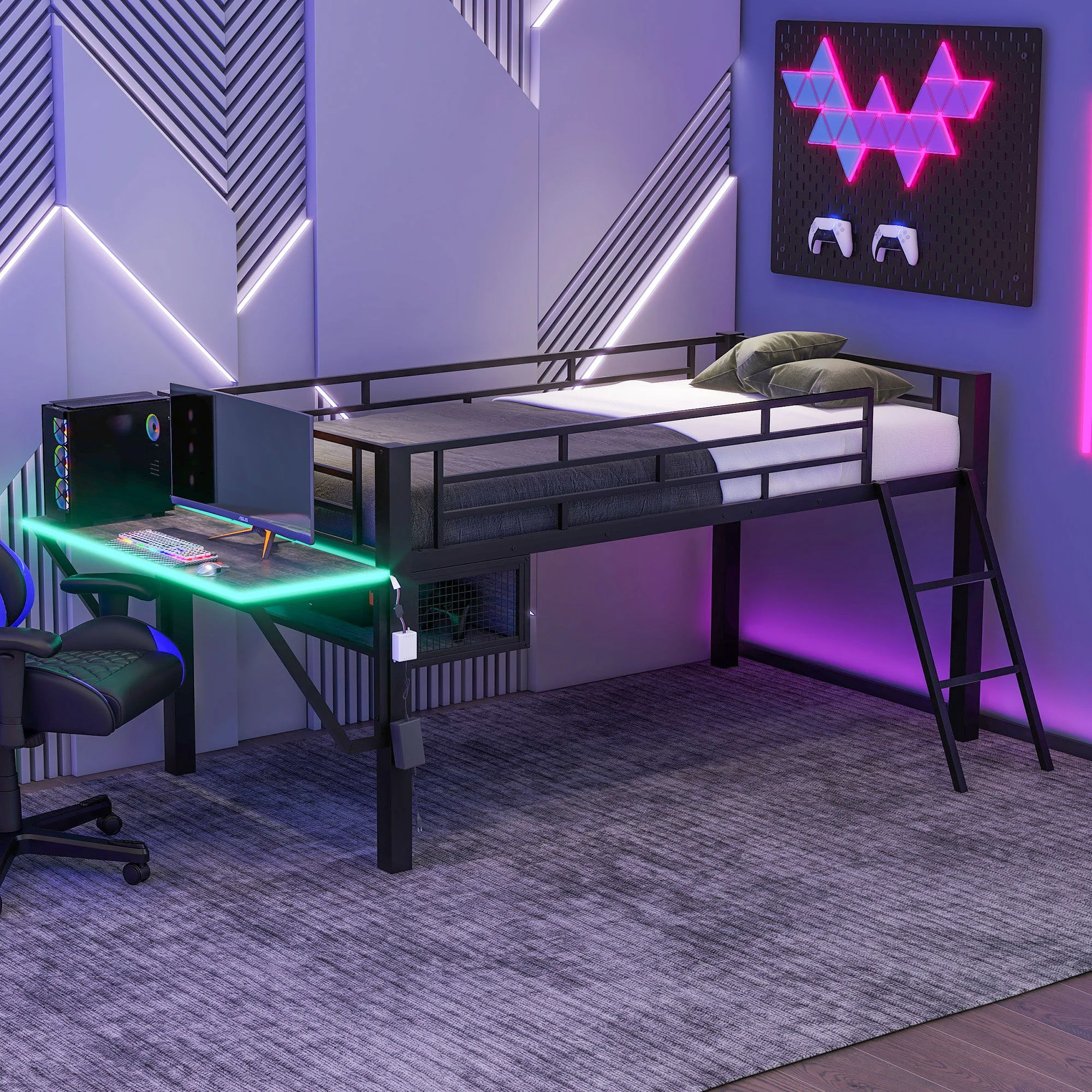 Modern Gaming Mid Loft Bed With Desk And LED Lights - Image 4