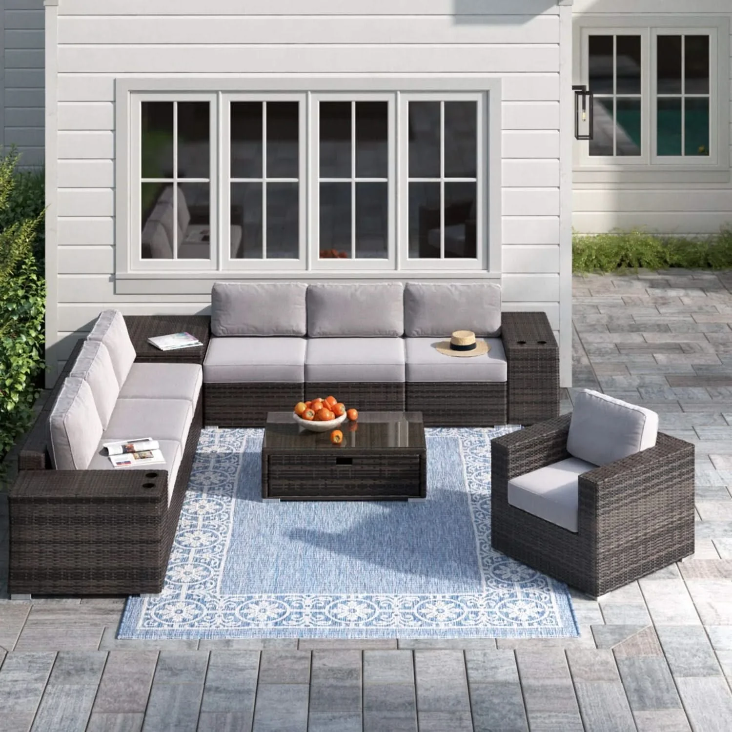 Modern Patio Rattan Sectional Set With Cushions - Image 19