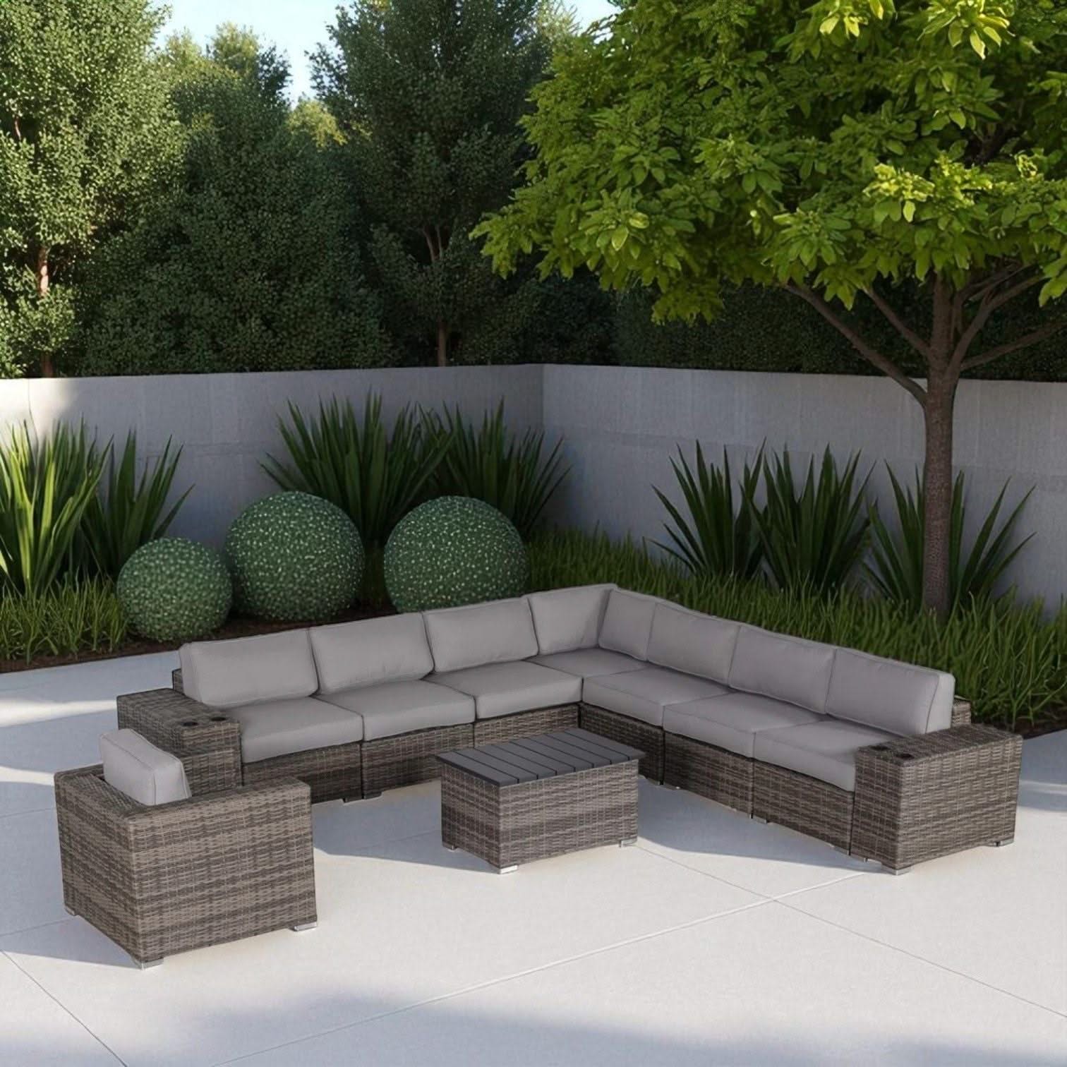 Modern Patio Rattan Sectional Set With Cushions - Image 20