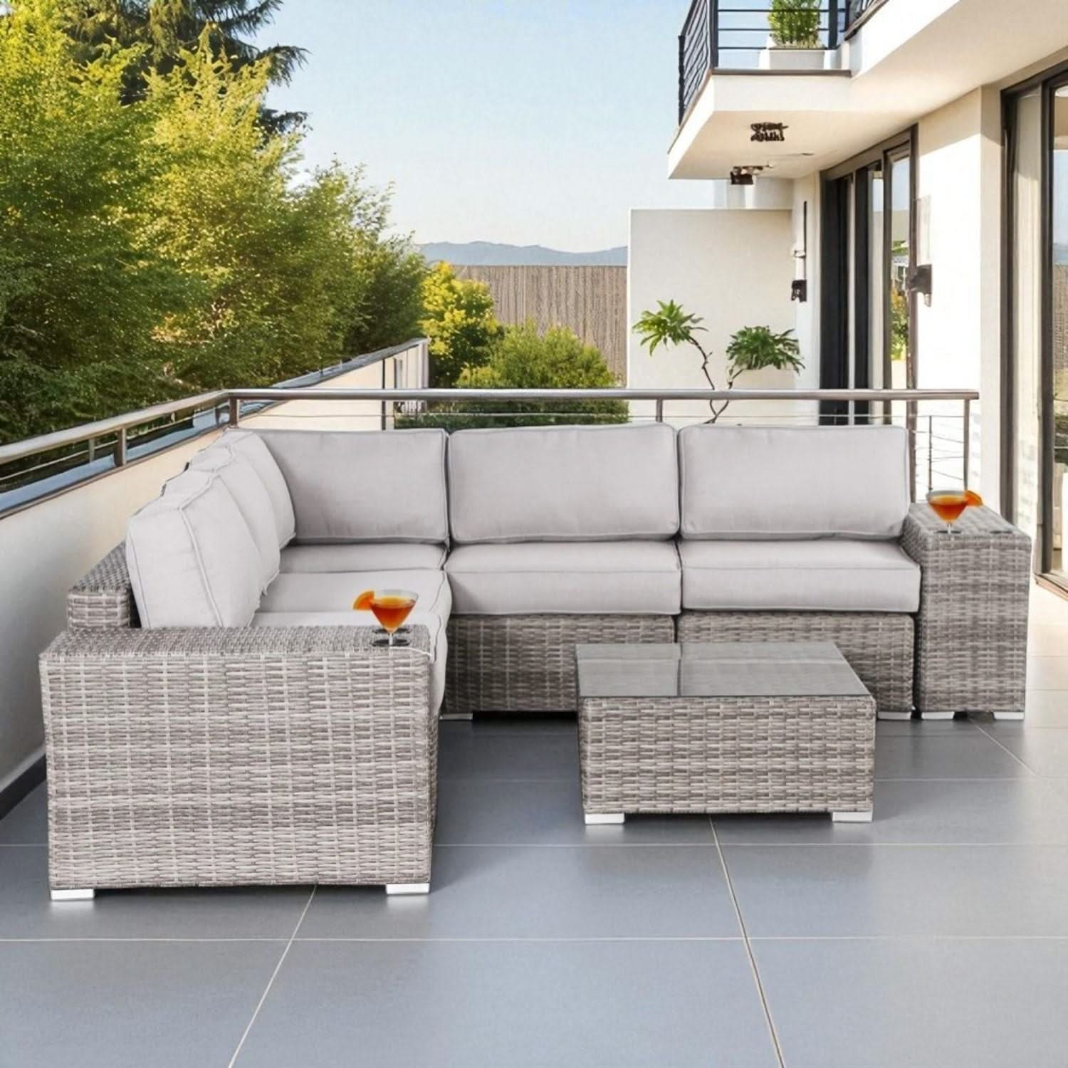 Modern Patio Rattan Sectional Set With Cushions - Image 24