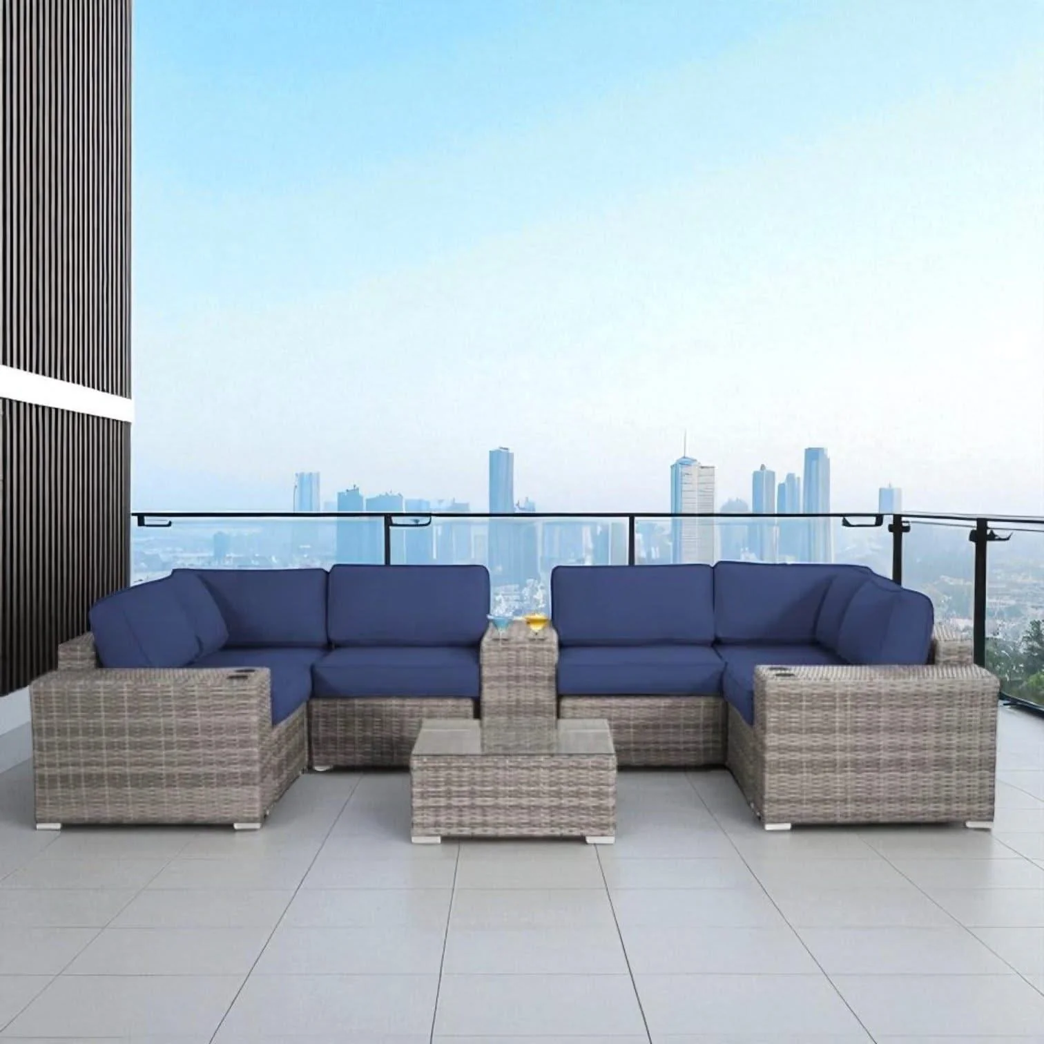 Modern Patio Rattan Sectional Set With Cushions - Image 44