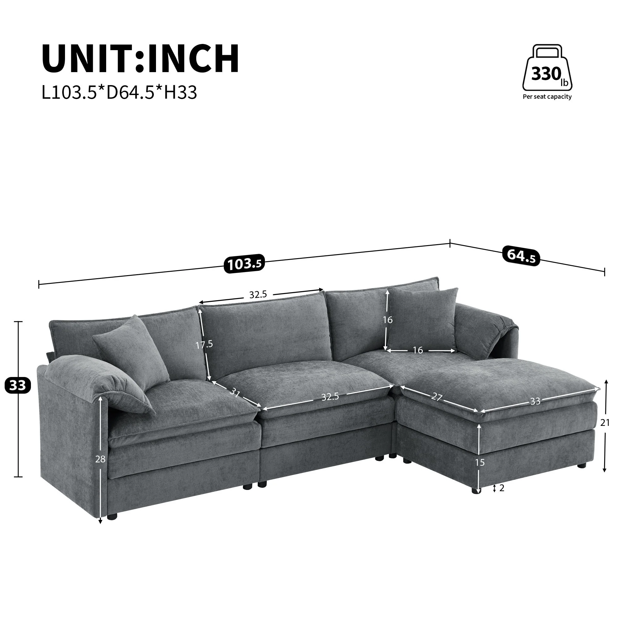 Modular Sectional With Deep And Wide Seat, Cloud Couch Set With Double Cushions Sofa With Movable Ottoman - Image 6