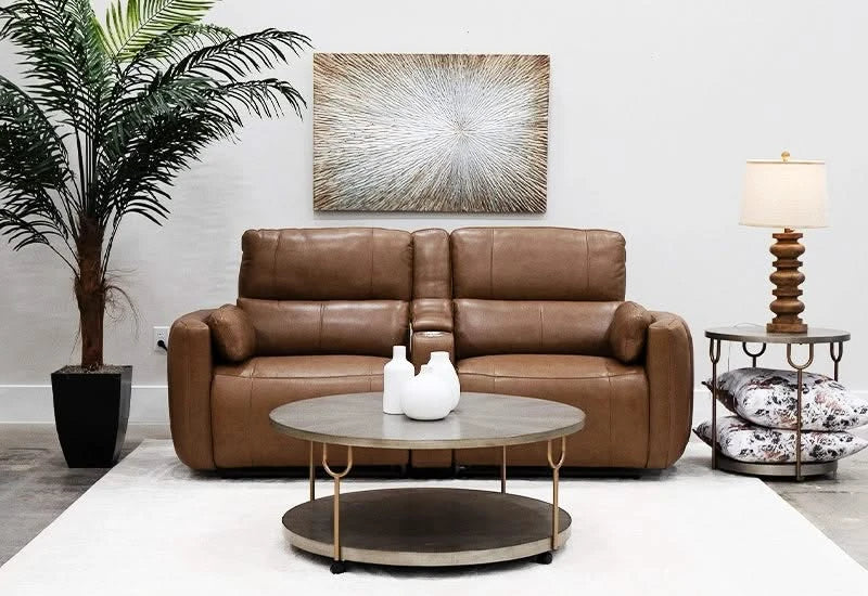 Modway Brown Leather Power Headrest Reclining 3 PC Modular Loveseat with Storage Console and Cup Holder