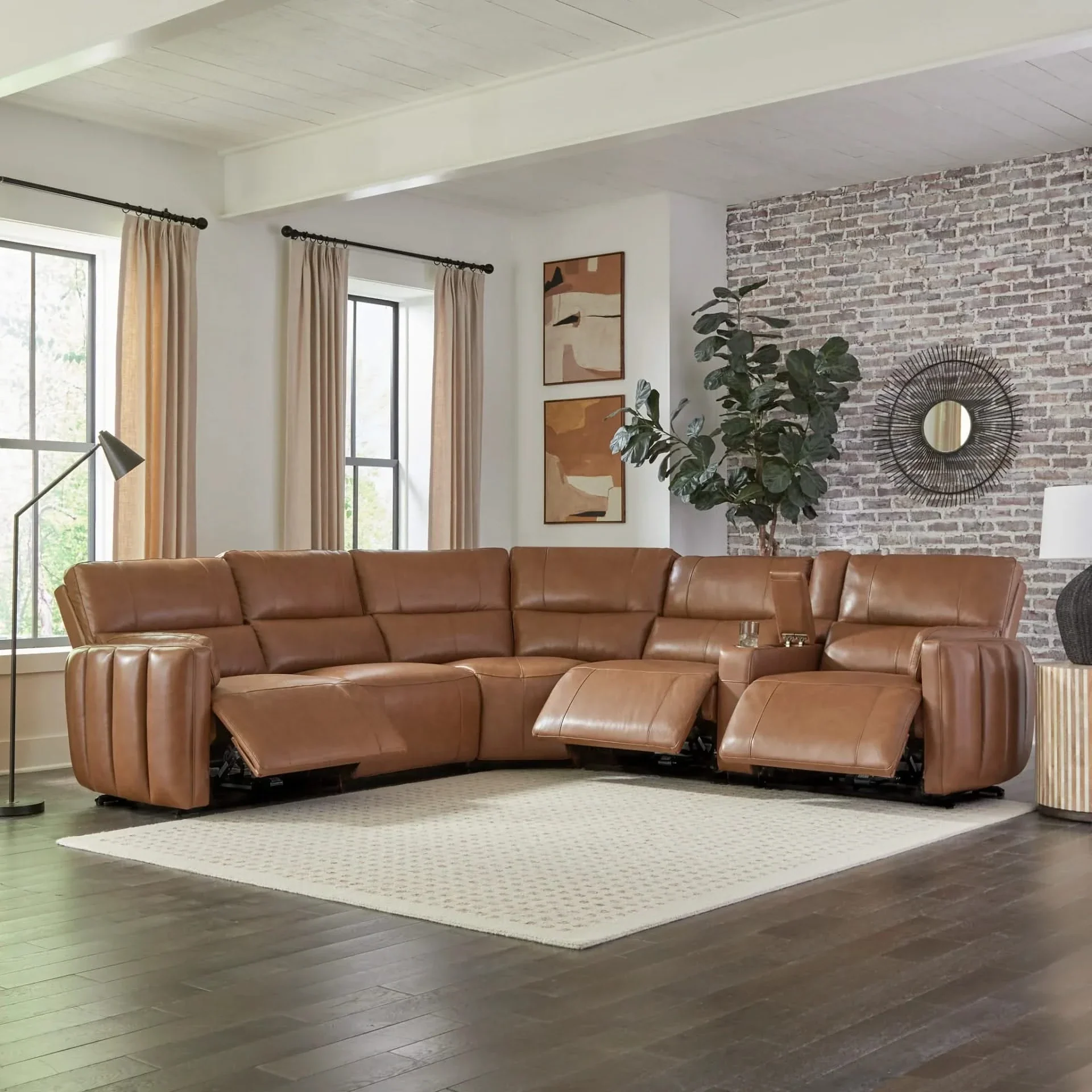 Modway Brown Power Headrest & Reclining 6 PC Modular Sectional with Storage Console, Cup Holders and 2 Arm Pillows - Image 3