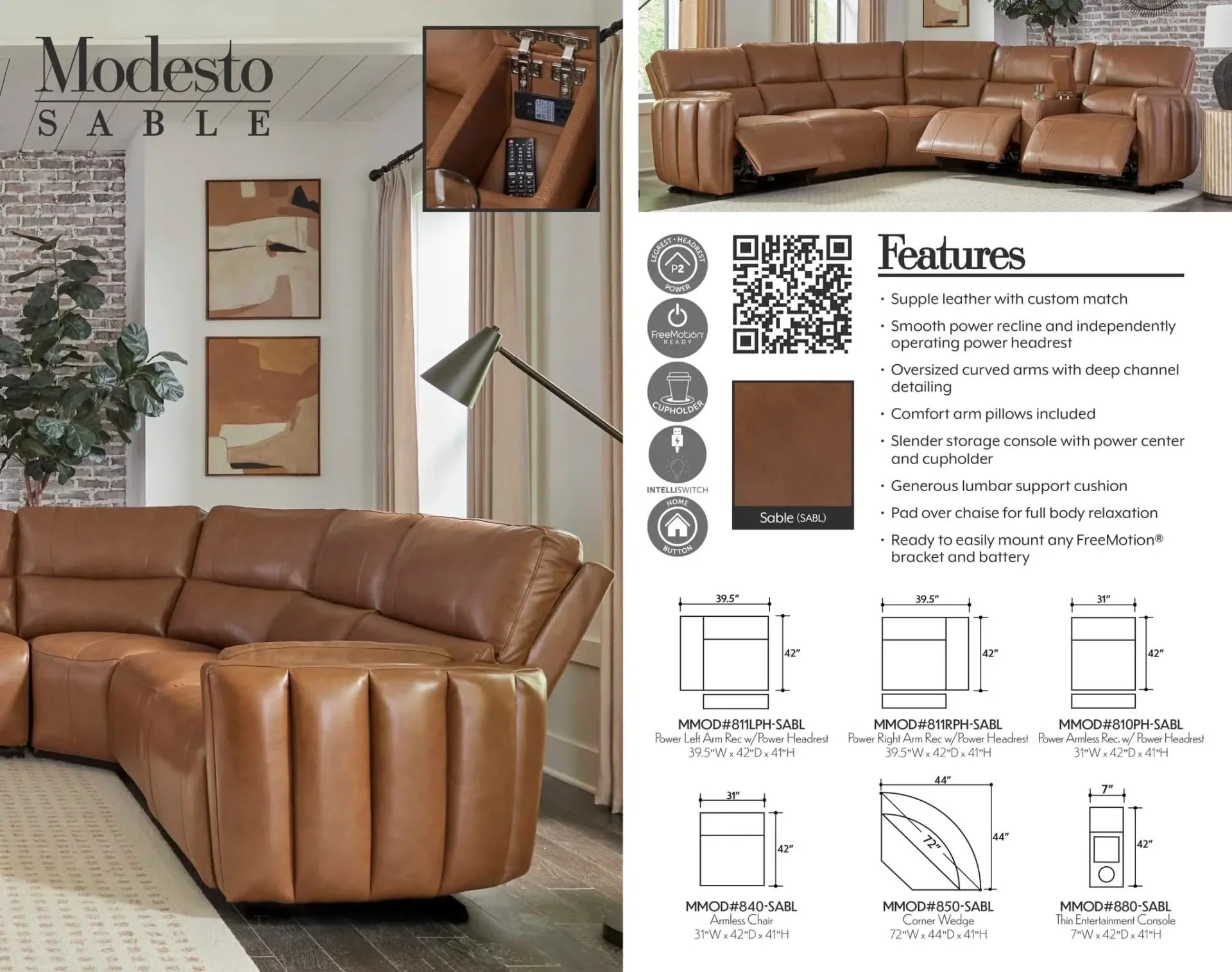 Modway Brown Power Headrest & Reclining 6 PC Modular Sectional with Storage Console, Cup Holders and 2 Arm Pillows - Image 9