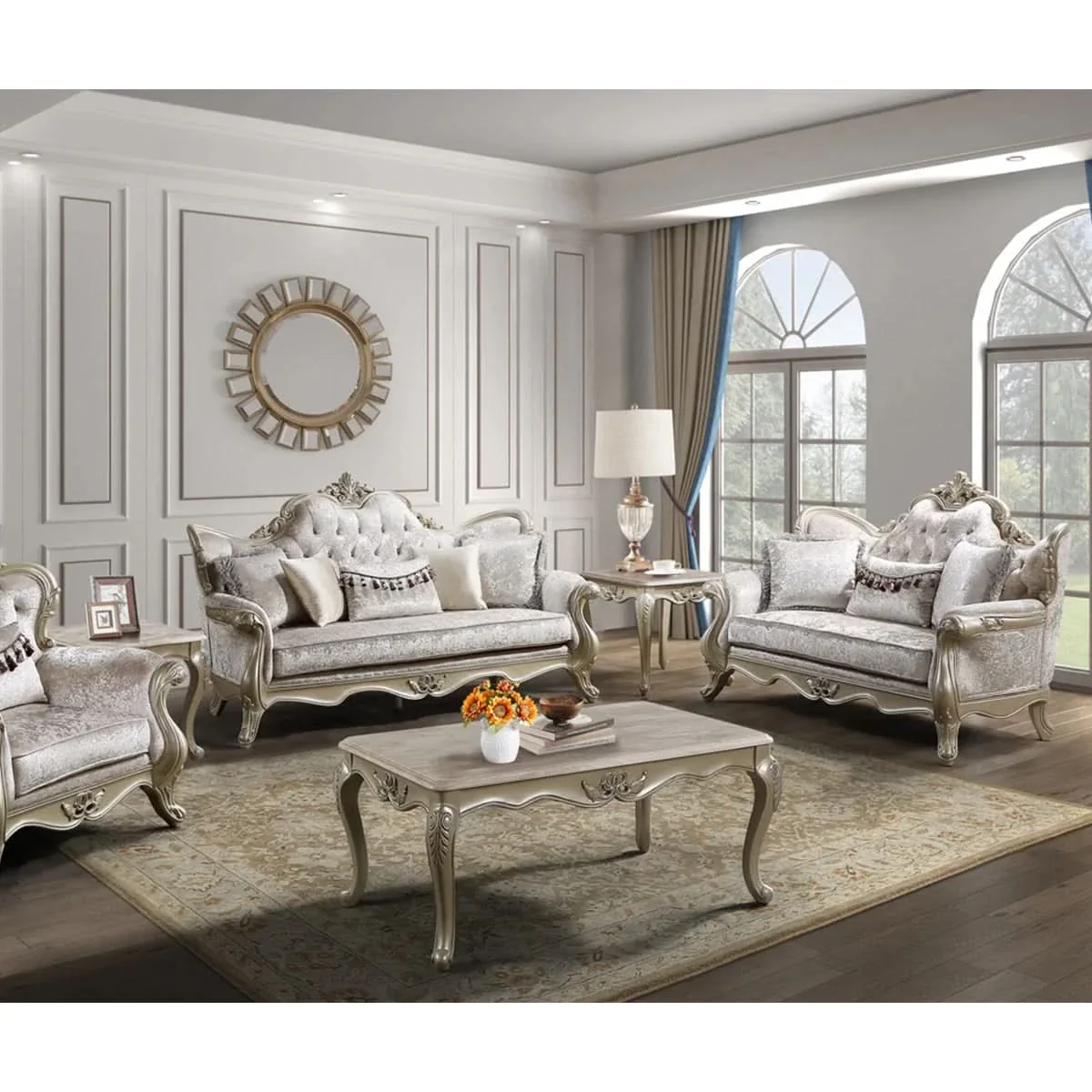 Monique Pearl Silver Victorian Sofa with Ornate Carved Accents - Image 6