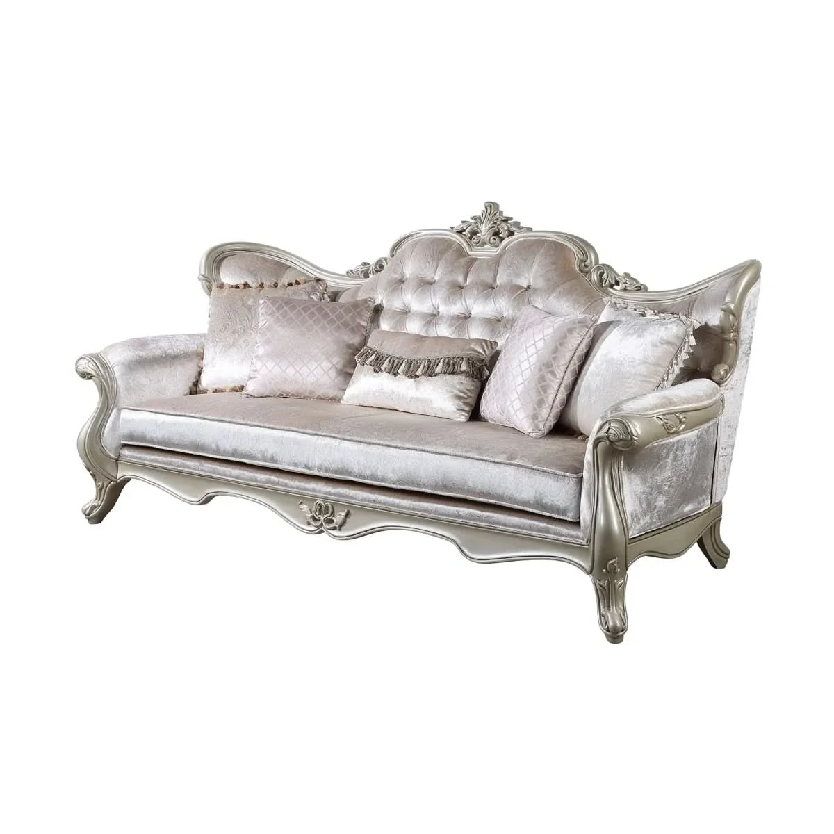 Monique Pearl Silver Victorian Sofa & Loveseat Living Room Set with Ornate Carved Accents - Image 6