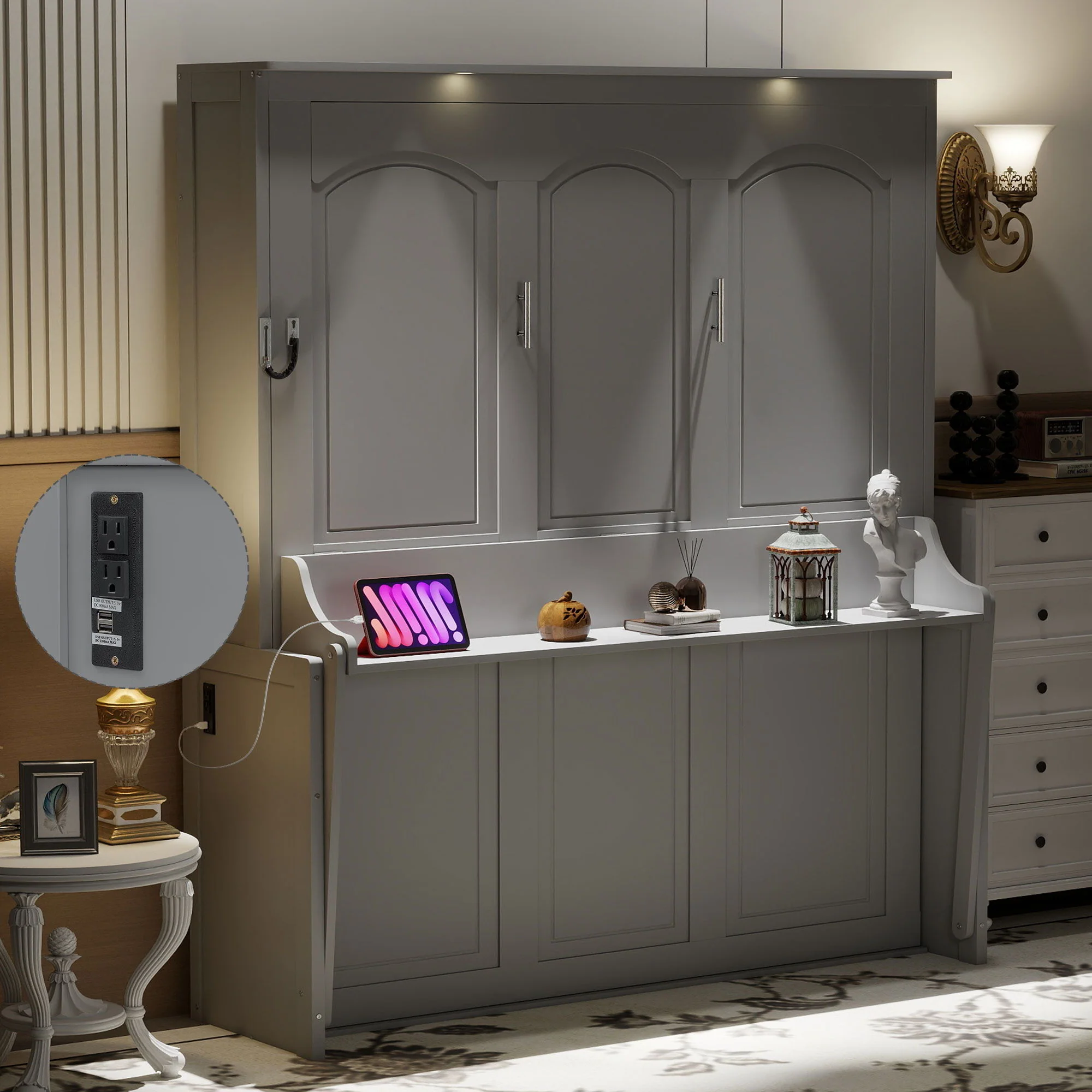 Murphy Bed With Desk, LED Lights And USB Charging Station - Image 4