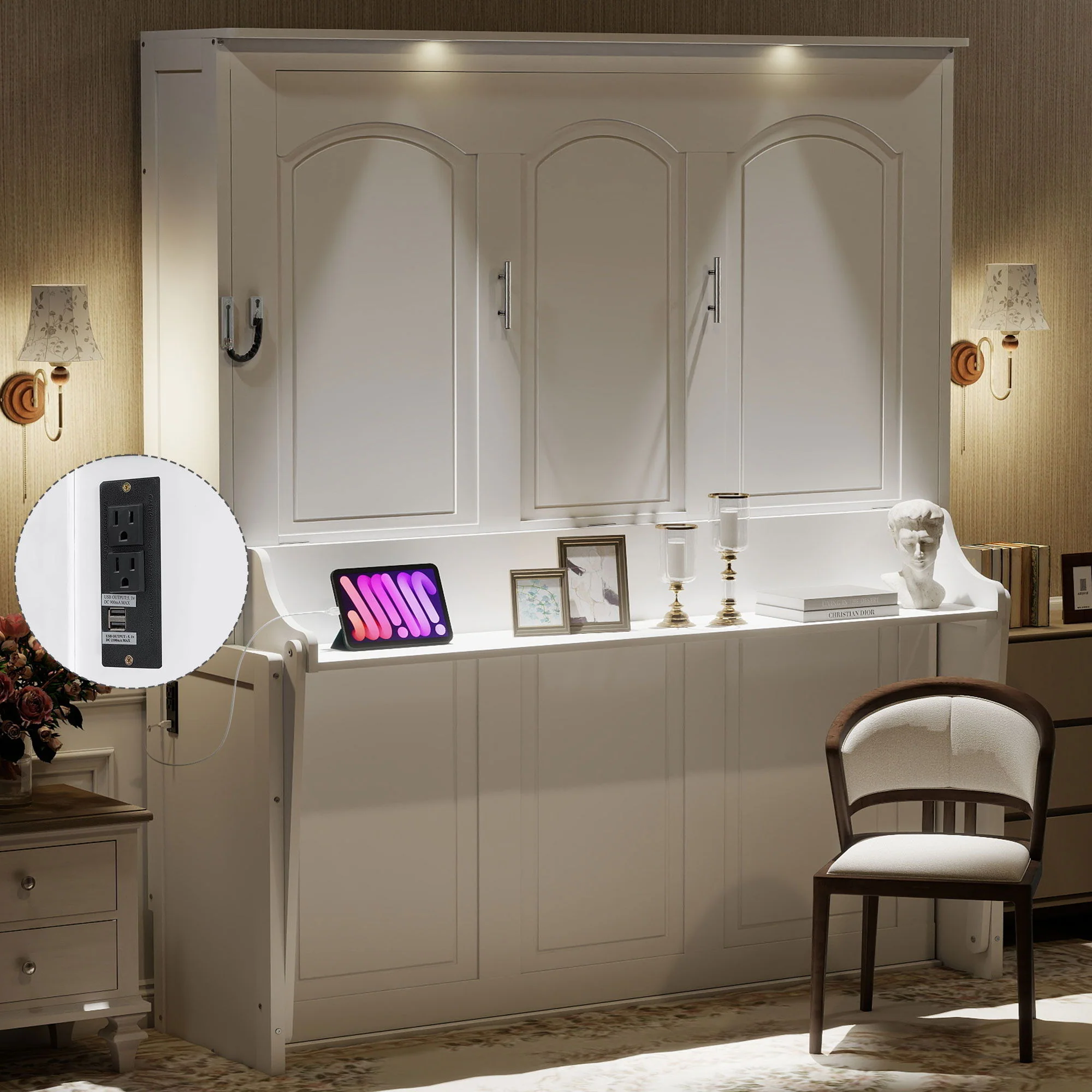 Murphy Bed With Desk, LED Lights And USB Charging Station - Image 5