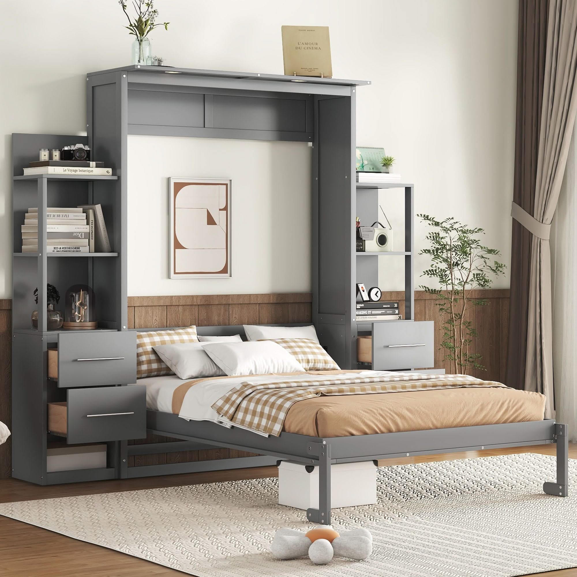 Murphy Wall Bed With LED Lights, Shelves And Drawers - Image 2