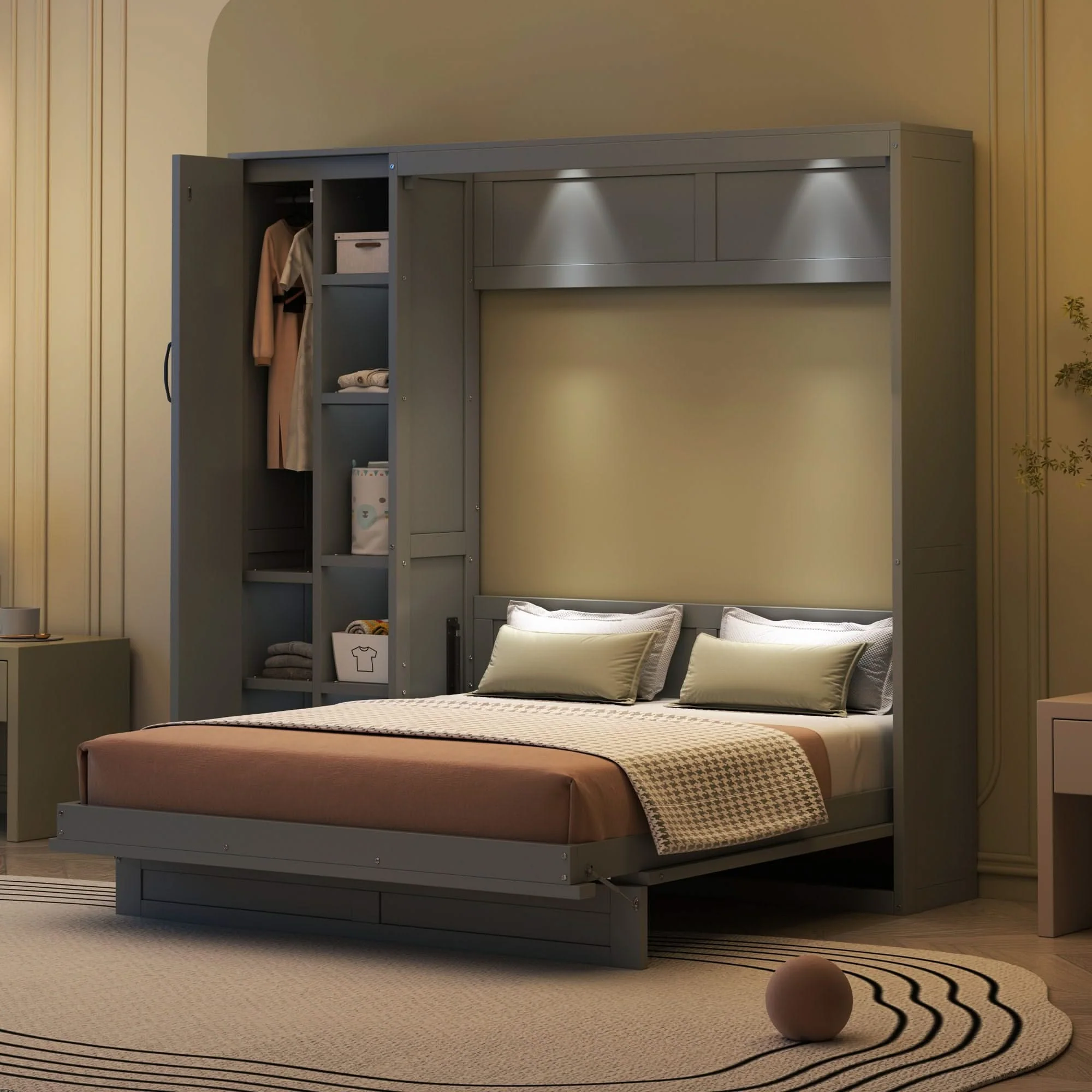 Murphy Wall Bed With Shelves, Wardrobe And LED Lights - Image 2