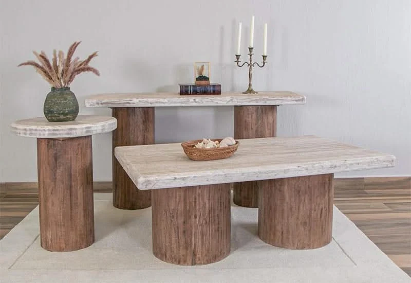 Mykos Brown Rustic Wood Modern 3 PC Rectangle Cocktail Set with 50" Table and 2 Square End Tables
