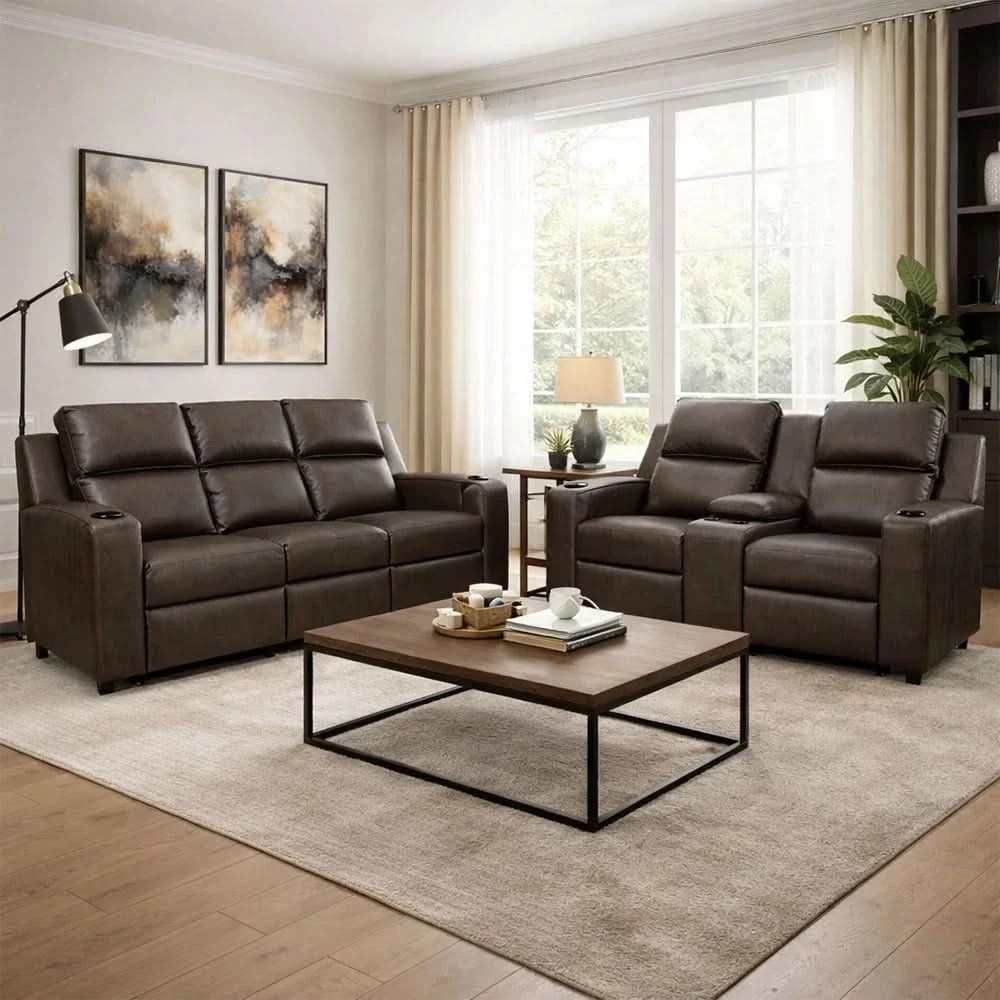 Noah Brown Contemporary Manual Reclining Sofa with Drop-Down Table and USB Charging - Image 8