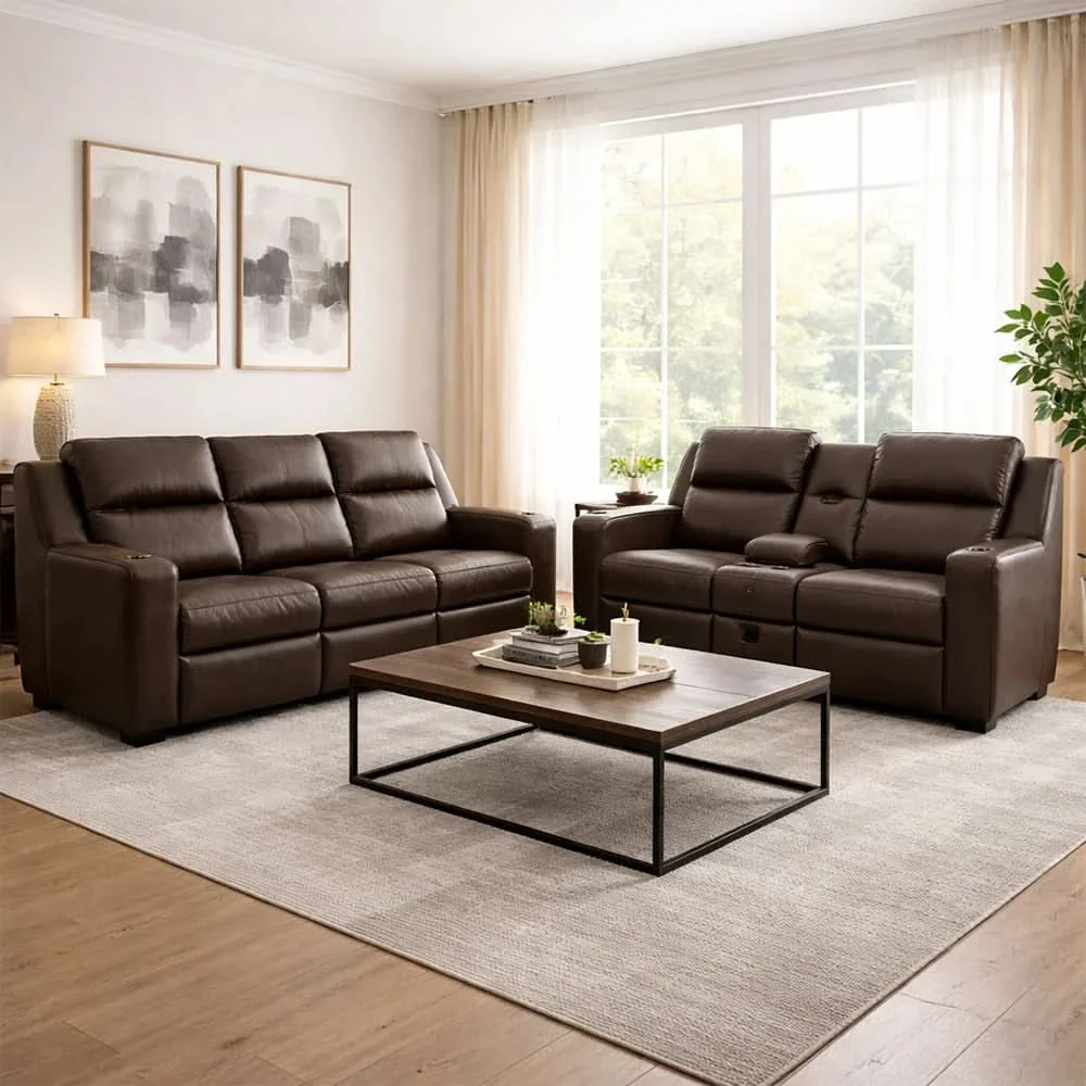 Noah Brown Contemporary Manual Reclining Sofa with Drop-Down Table and USB Charging - Image 9